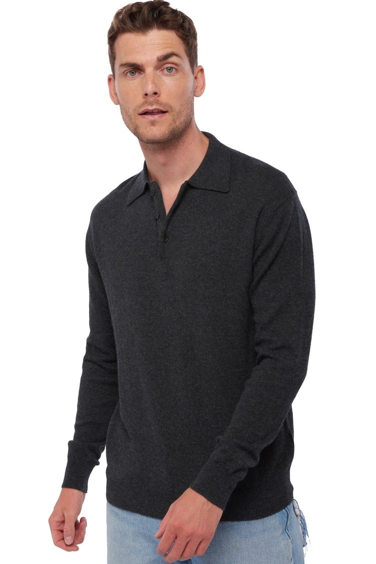 Cashmere polo, 100% Cashmere, men, polo collar, button fastening, straight cut, long sleeves, regular / 2 and 4 ply, standard knit, Mahogany