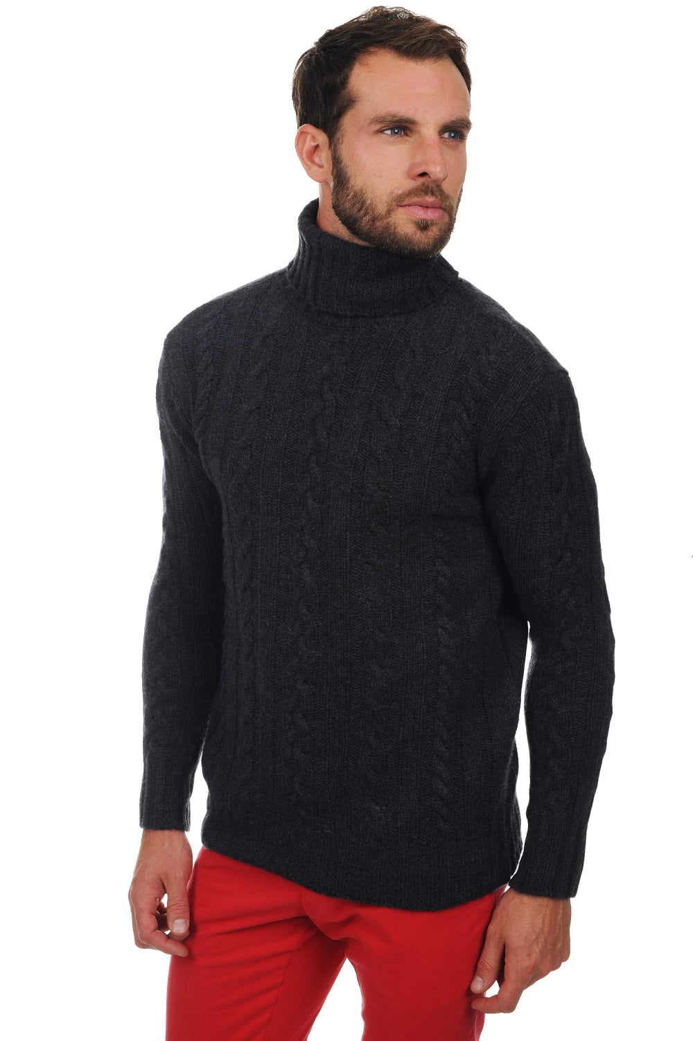 Cashmere jumper, 100% cashmere, men's, roll neck, straight fit, long sleeves, chunky / 6-ply and above, cable knit, Mahogany
