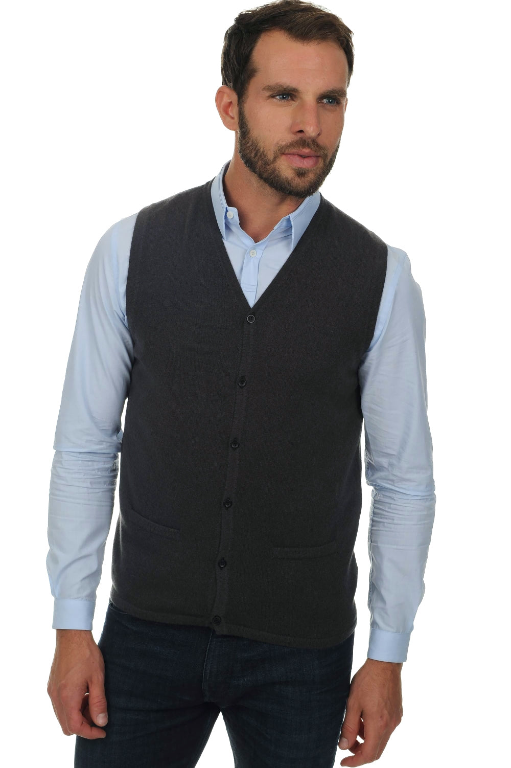 Cashmere cardigan, 100% cashmere, men's, V-neck, button fastening, fitted cut, sleeveless, regular / 2 and 4 ply, standard knit, Mahogany