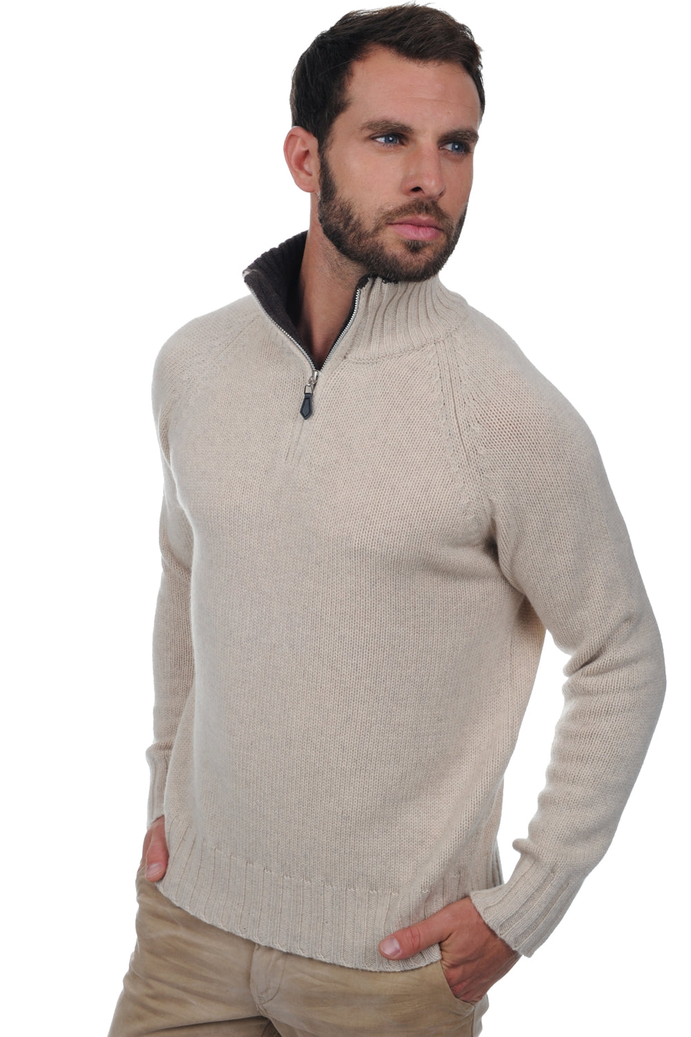 Olivier men's cashmere jumper - marl ecru / marl brown - Mahogany