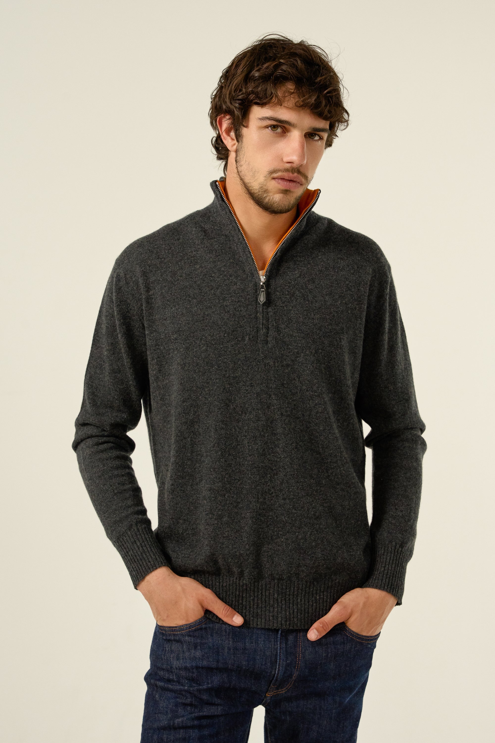 Cashmere jumper, 100% Cashmere, men, trucker collar, zip fastening, straight fit, long sleeves, regular / 2 and 4 ply, standard knit, Mahogany