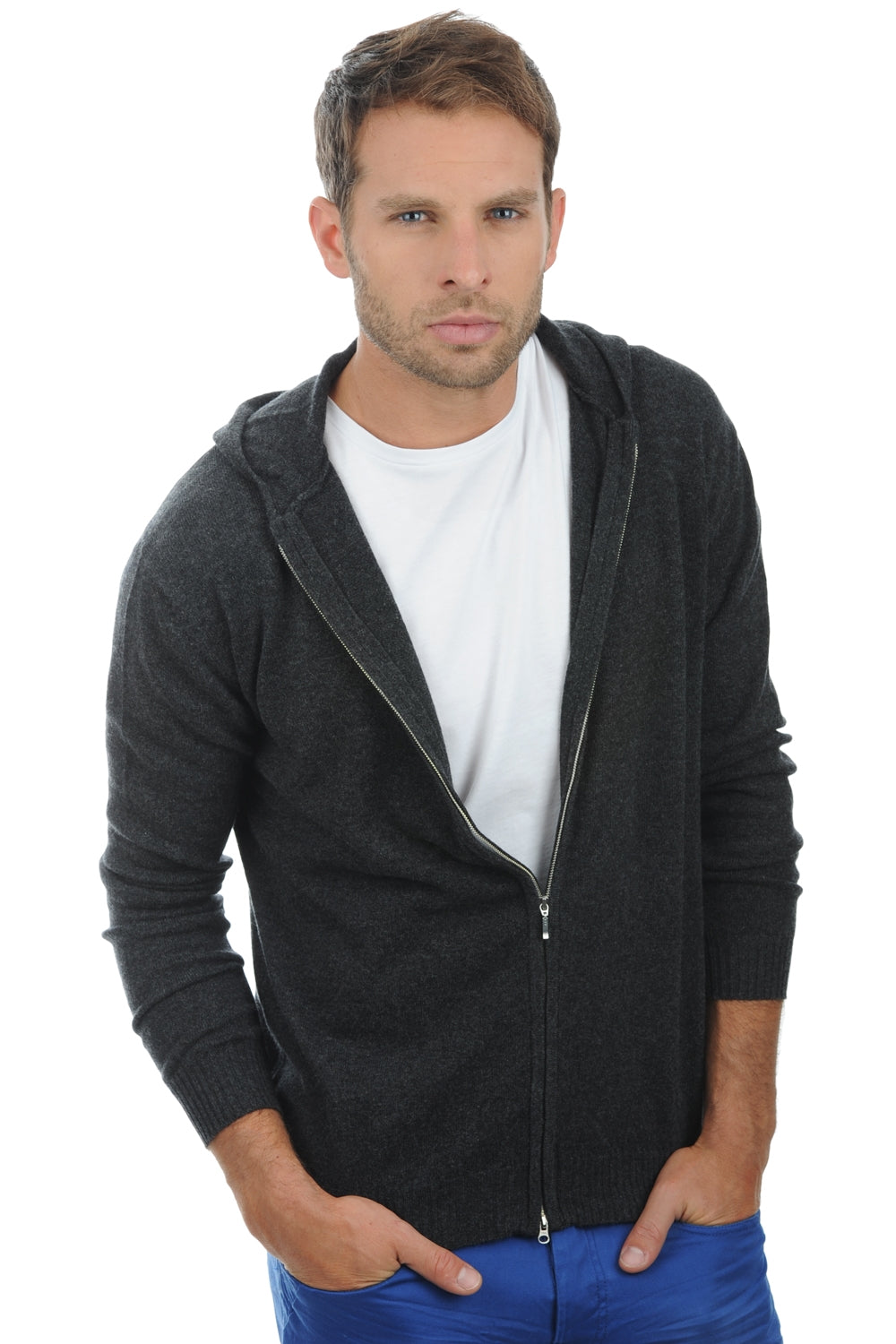 Cashmere sweatshirt, 100% Cashmere, men, hood, zip fastening, straight fit, long sleeves, regular / 2 and 4 ply, standard knit, Mahogany