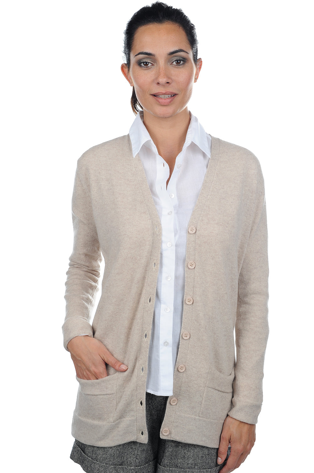 Cashmere cardigan, 100% Cashmere, women, v-neck, button fastening, straight cut, long sleeves, standard / 2 and 4 ply, standard knit, Mahogany
