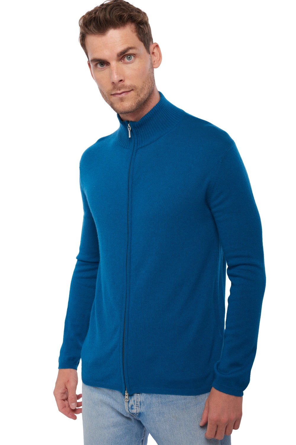 Cashmere cardigan, 100% cashmere, men's, high neck / funnel neck, zip fastening, straight fit, long sleeves, regular / 2 and 4 ply, regular knit, Mahogany