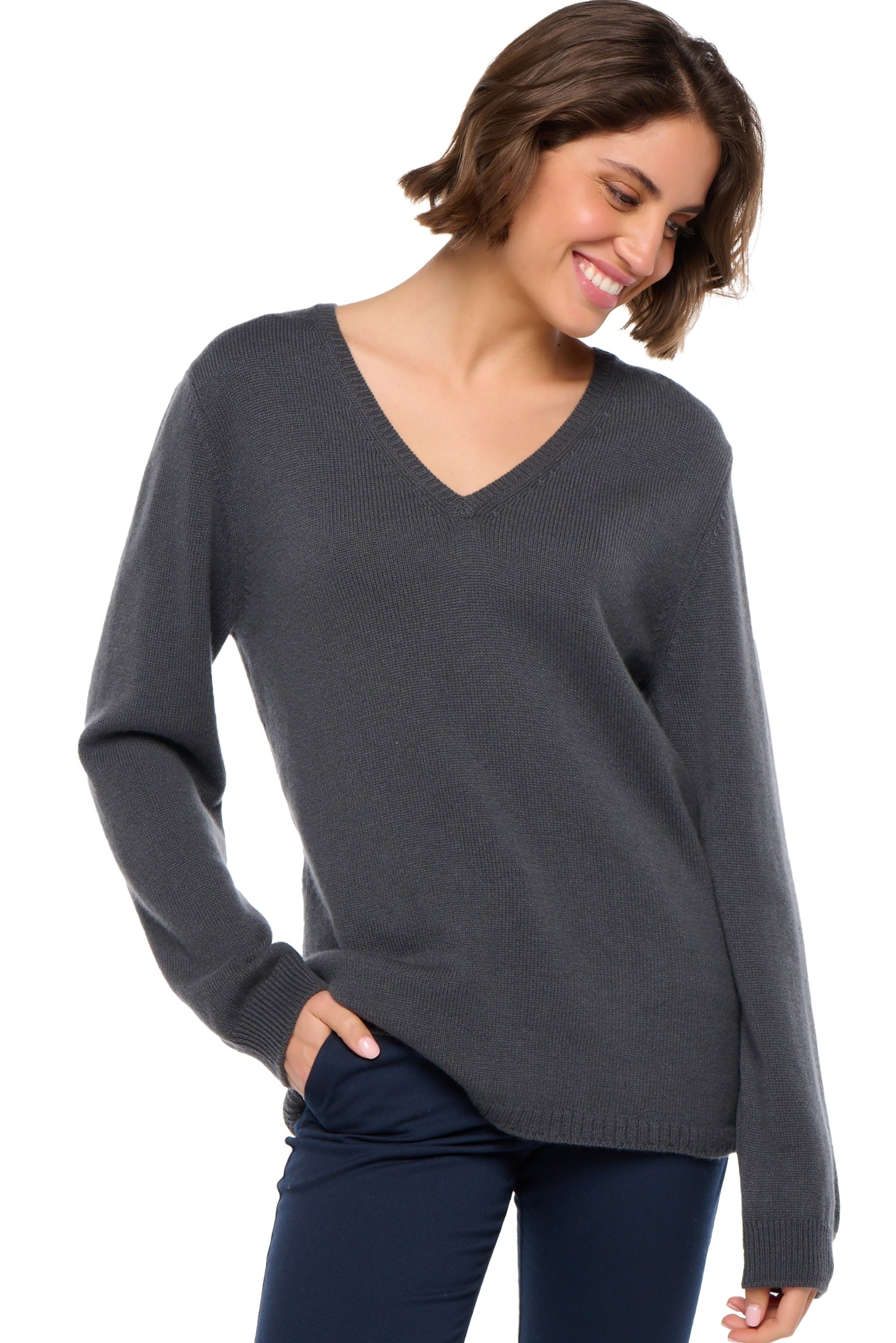 Cashmere jumper, 100% Cashmere, women, V-neck, straight cut, long sleeves, regular / 2 and 4 ply, standard knit, Mahogany