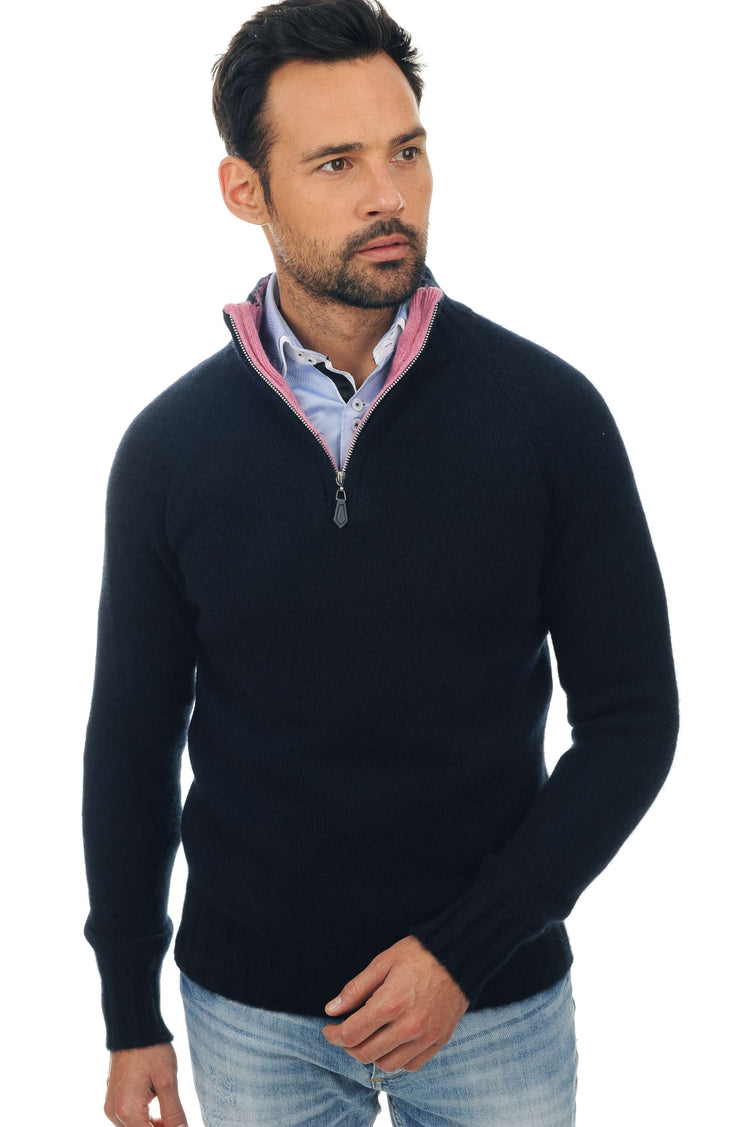 Cashmere and yak jumper, 100% Cashmere & 100% Yak, men, trucker collar, zip fastening, straight cut, raglan sleeves, regular / 2 and 4 ply, regular knit, Mahogany
