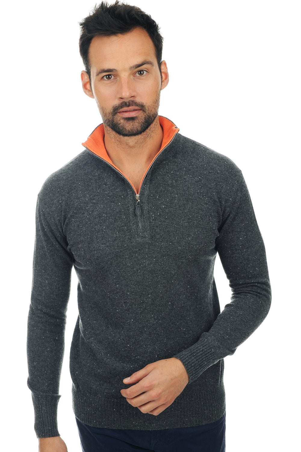 Henri men's cashmere - flecked anthracite-neon orange - Mahogany