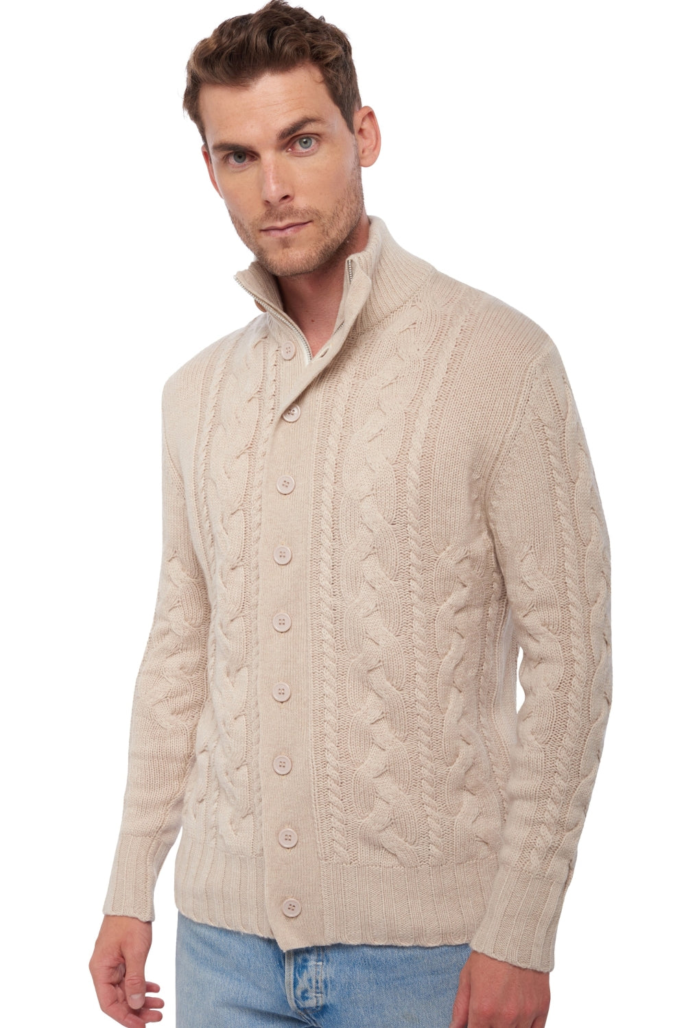 Cashmere jumper, 100% Cashmere, men, high neck / funnel neck, zip fastening, straight cut, long sleeves, chunky / 6 ply and +, cable knit, Mahogany