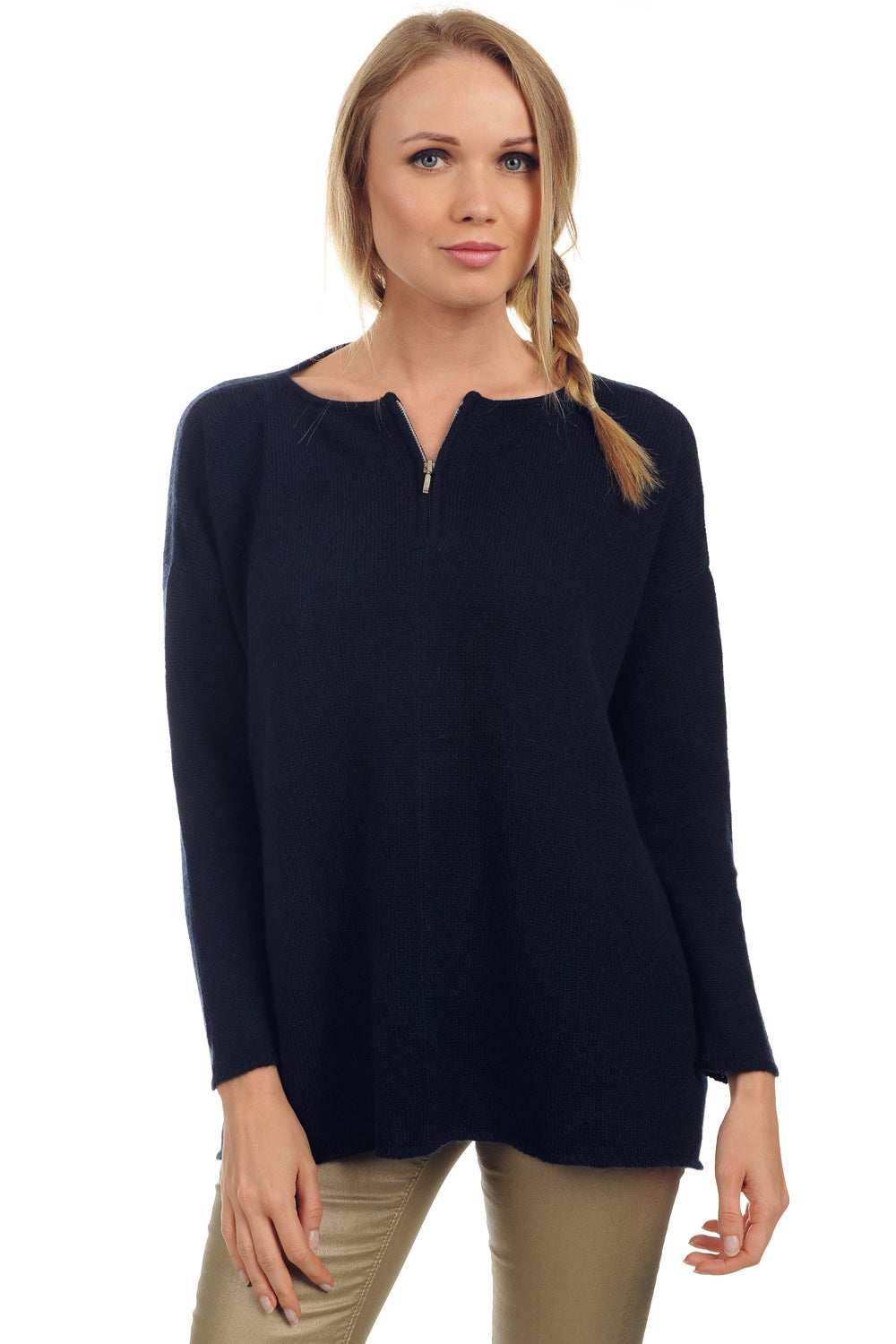 Yak jumper, 100% Yak, women, round neck, zip fastening, oversized fit, long sleeves, fine, , Mahogany