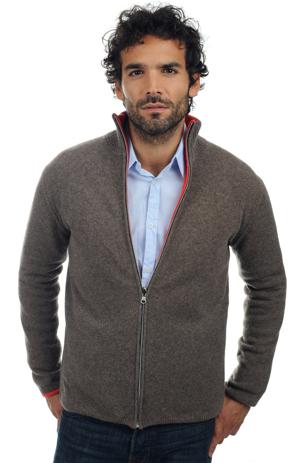Vincent men's cashmere and yak jumper - natural marmot-bright coral - Mahogany