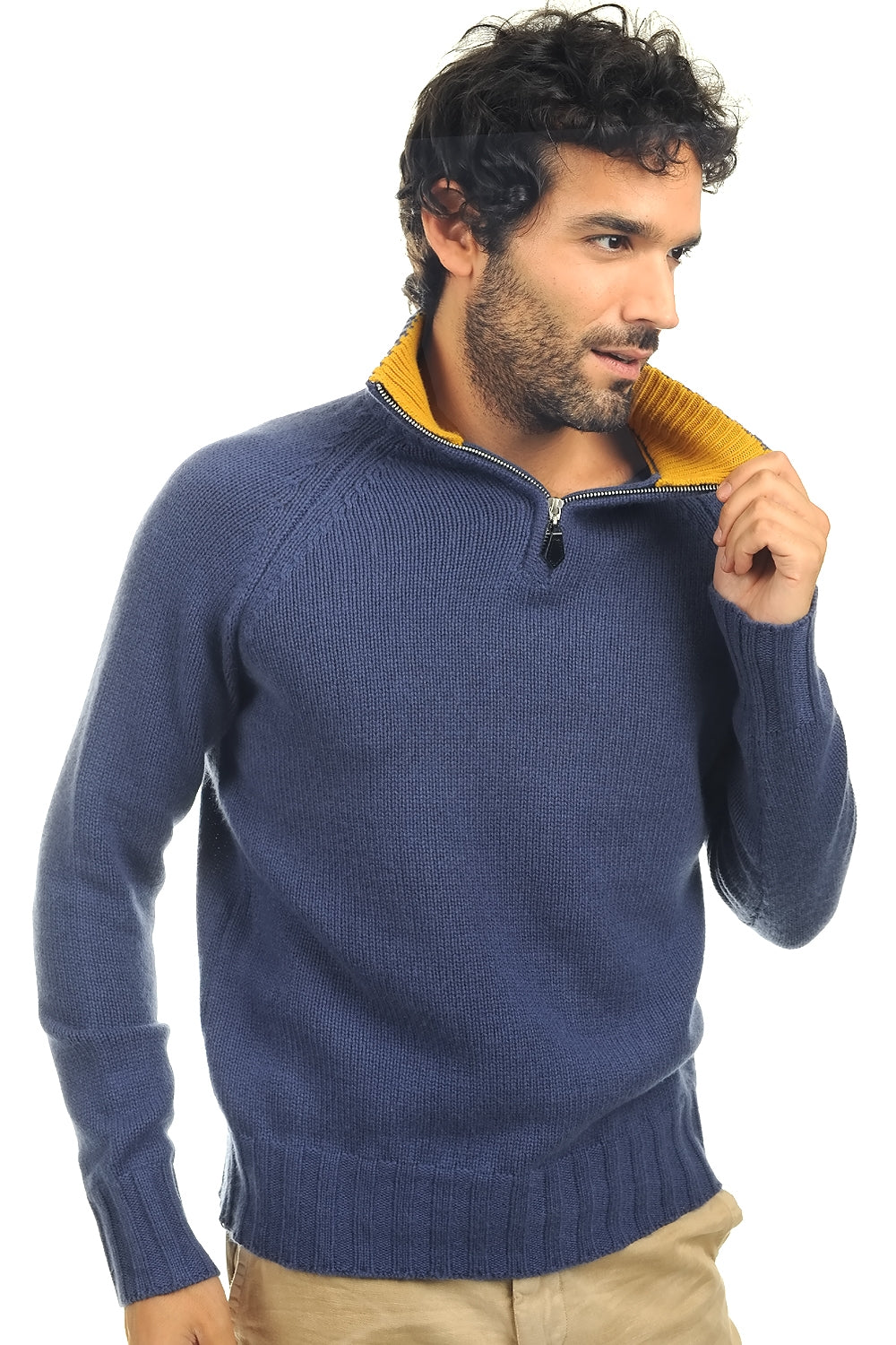 Olivier men's cashmere jumper - steel blue / mustard - Mahogany