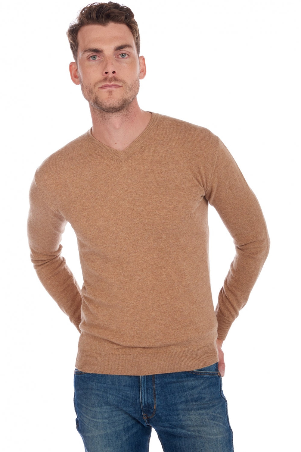 Maddox men's cashmere jumper - camel marl - Mahogany