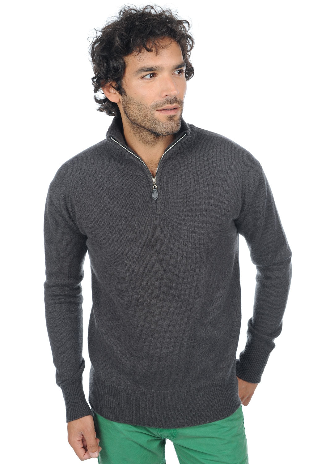 Cashmere jumper, 100% Cashmere, men, trucker collar, zip fastening, straight fit, long sleeves, regular / 2 and 4 ply, standard knit, Mahogany