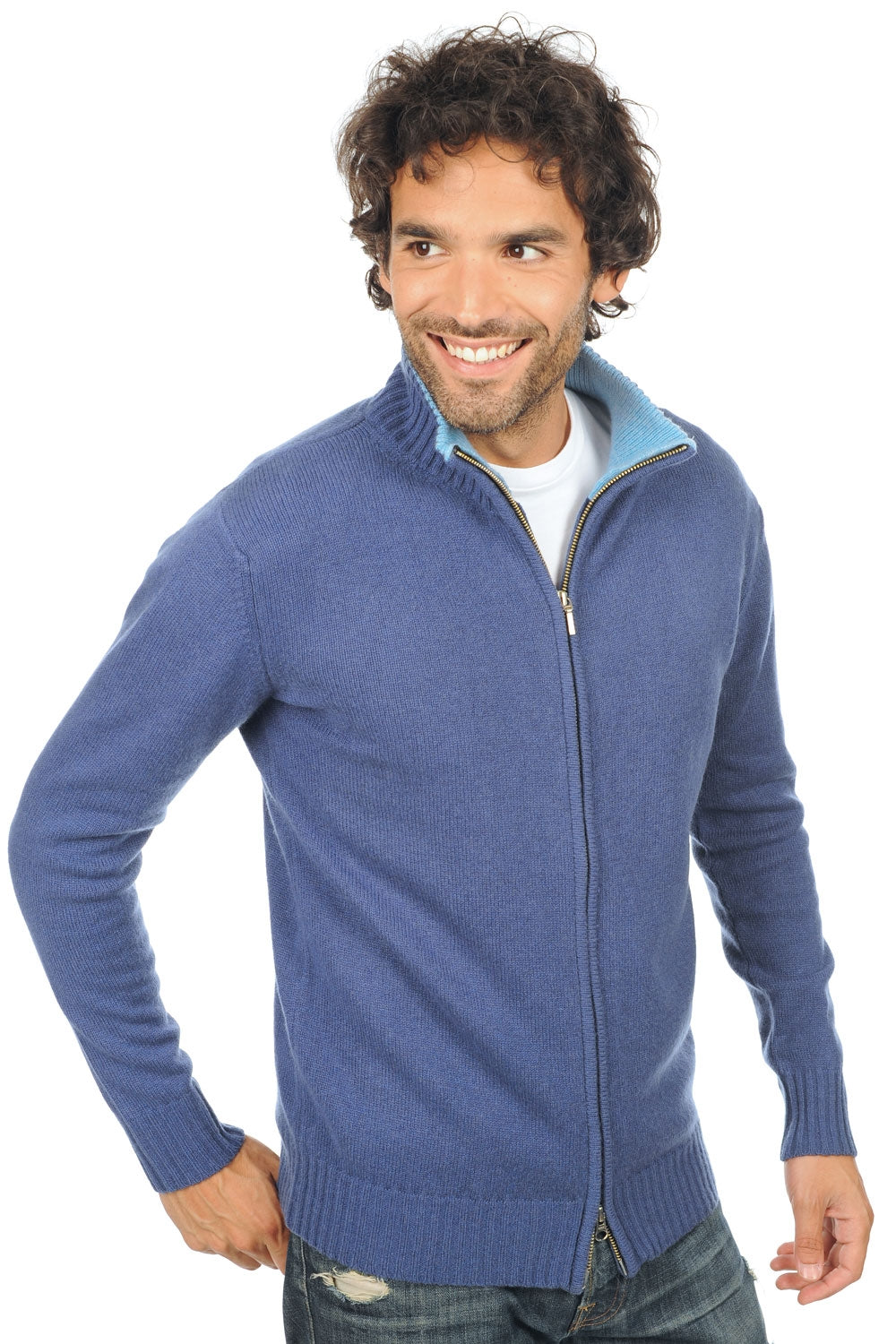 Cashmere cardigan, 100% cashmere, men, roll neck / funnel neck, zip fastening, straight cut, long sleeves, fine knit, Mahogany