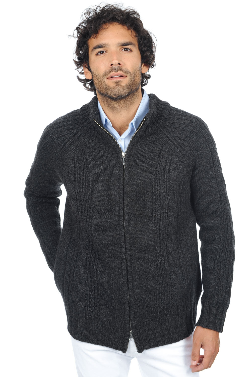 Camel cardigan, 100% Camel, men, stand-up collar / funnel neck, zip fastening, straight cut, long sleeves, chunky / 6 threads and more, , Mahogany