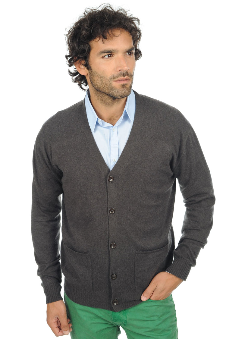 Cashmere cardigan, 100% cashmere, men's, V-neck, button fastening, straight cut, long sleeves, regular / 2 and 4 ply, standard knit, Mahogany