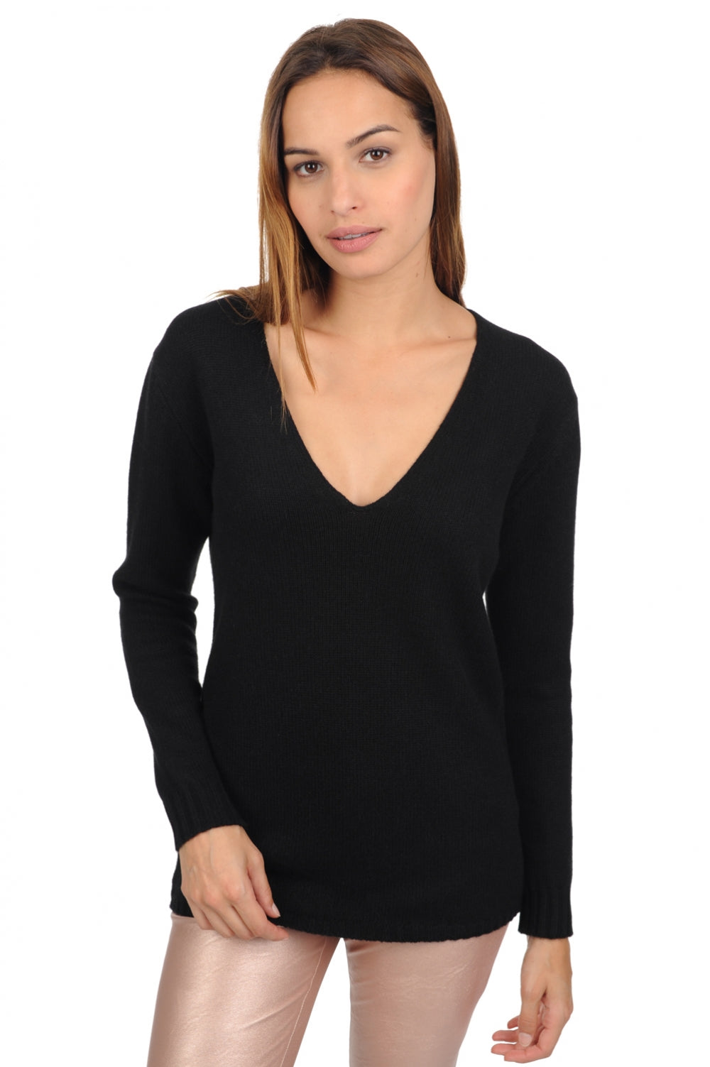 Cashmere jumper, 100% cashmere, women, V-neck, straight fit, long sleeves, chunky / 6 plies and more, standard knit, Mahogany