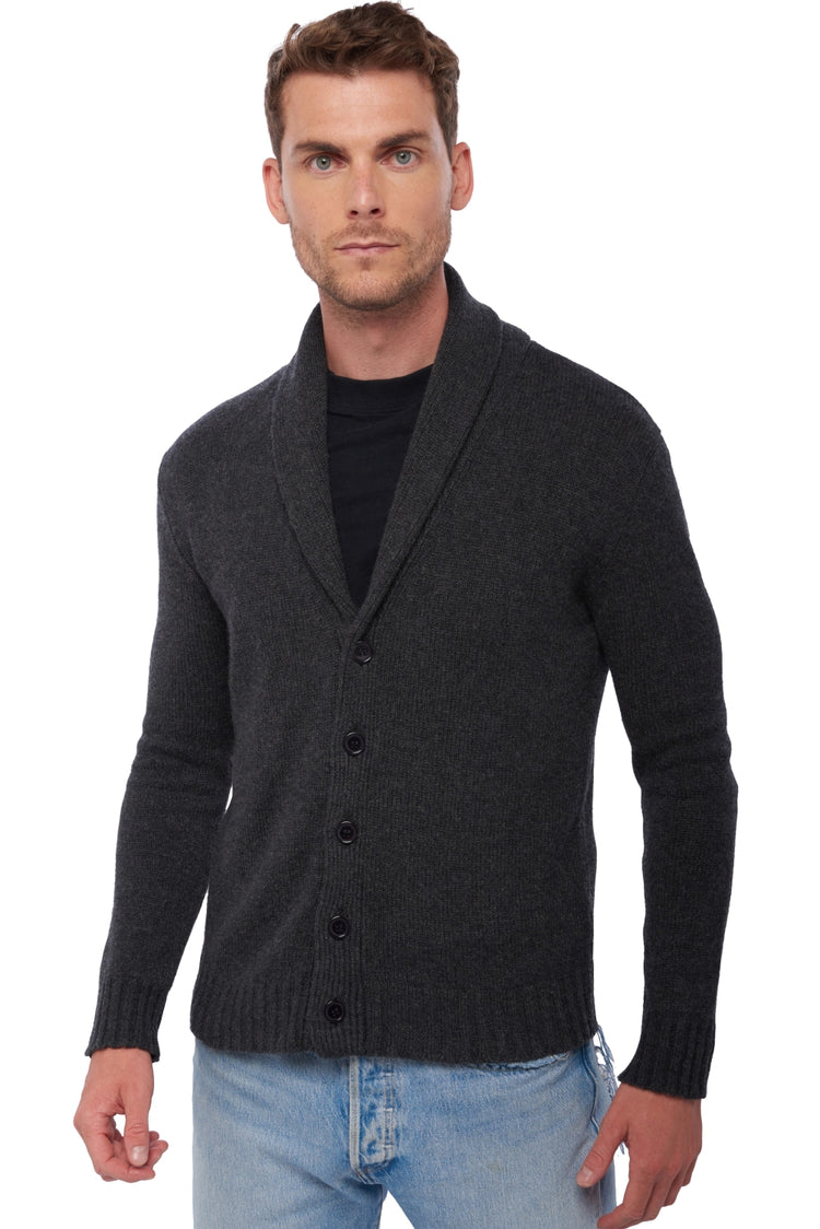 Cashmere cardigan, 100% cashmere, men's, shawl collar, button fastening, straight cut, long sleeves, chunky / 6-ply and above, standard knit, Mahogany