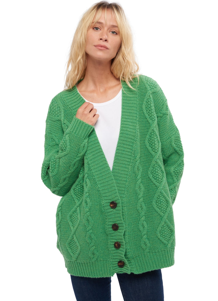 Cashmere cardigan, 100% cashmere, women's, V-neck, button fastening, relaxed fit, long sleeves, chunky / 6-ply and above, cable knit, Mahogany