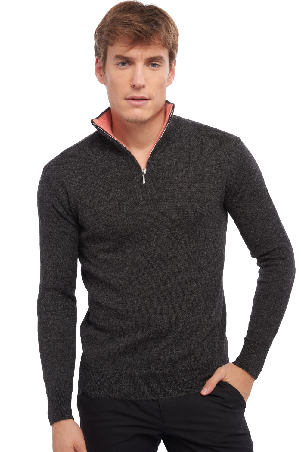Baby alpaca & cashmere jumper, 100% Baby Alpaca & 100% Cashmere, men, trucker collar, zip fastening, straight cut, long sleeves, standard / 2 and 4 ply, standard knit, Mahogany
