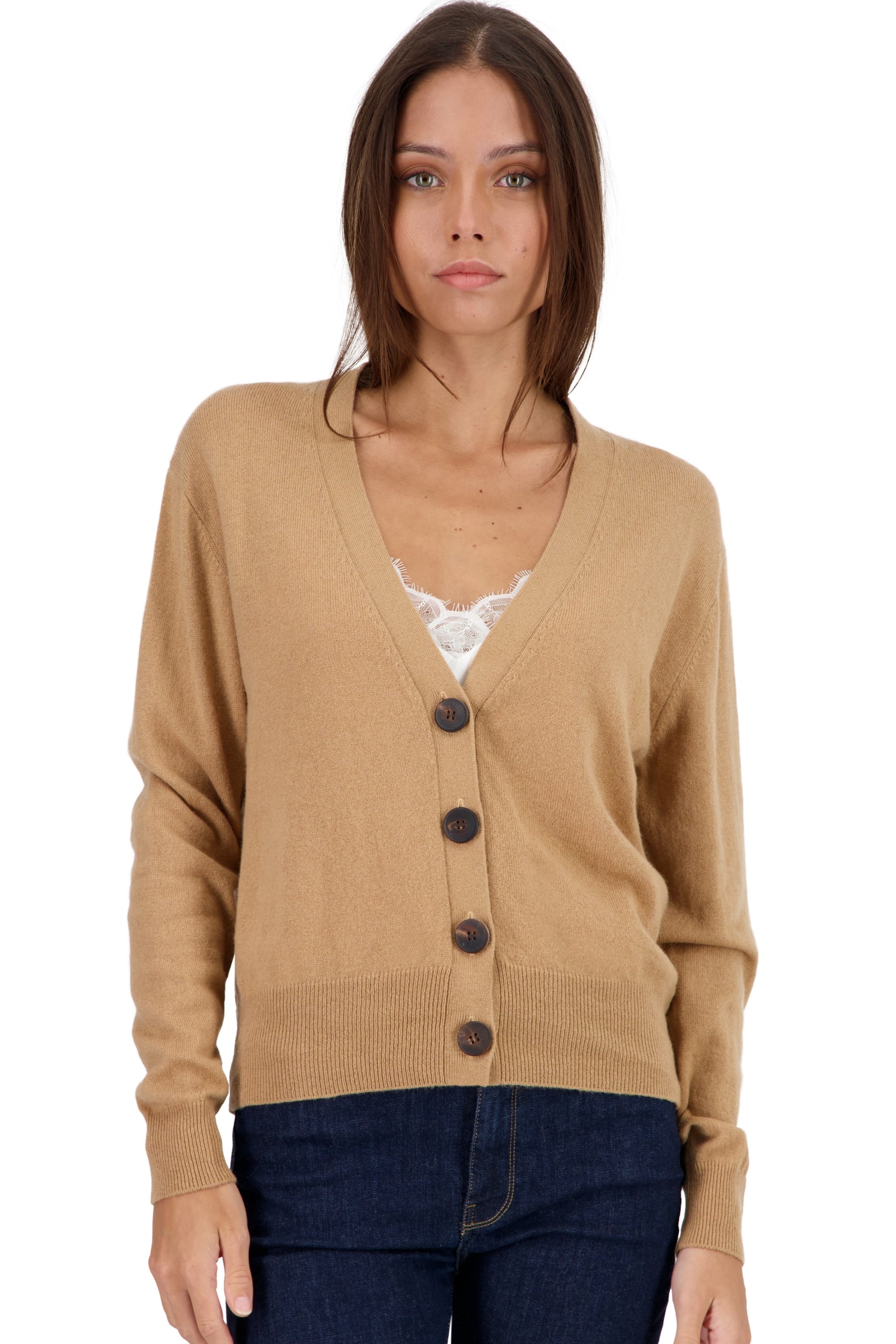 Cashmere cardigan, 100% Cashmere, women, v-neck, button fastening, straight cut, long sleeves, standard / 2 and 4 ply, standard knit, Mahogany