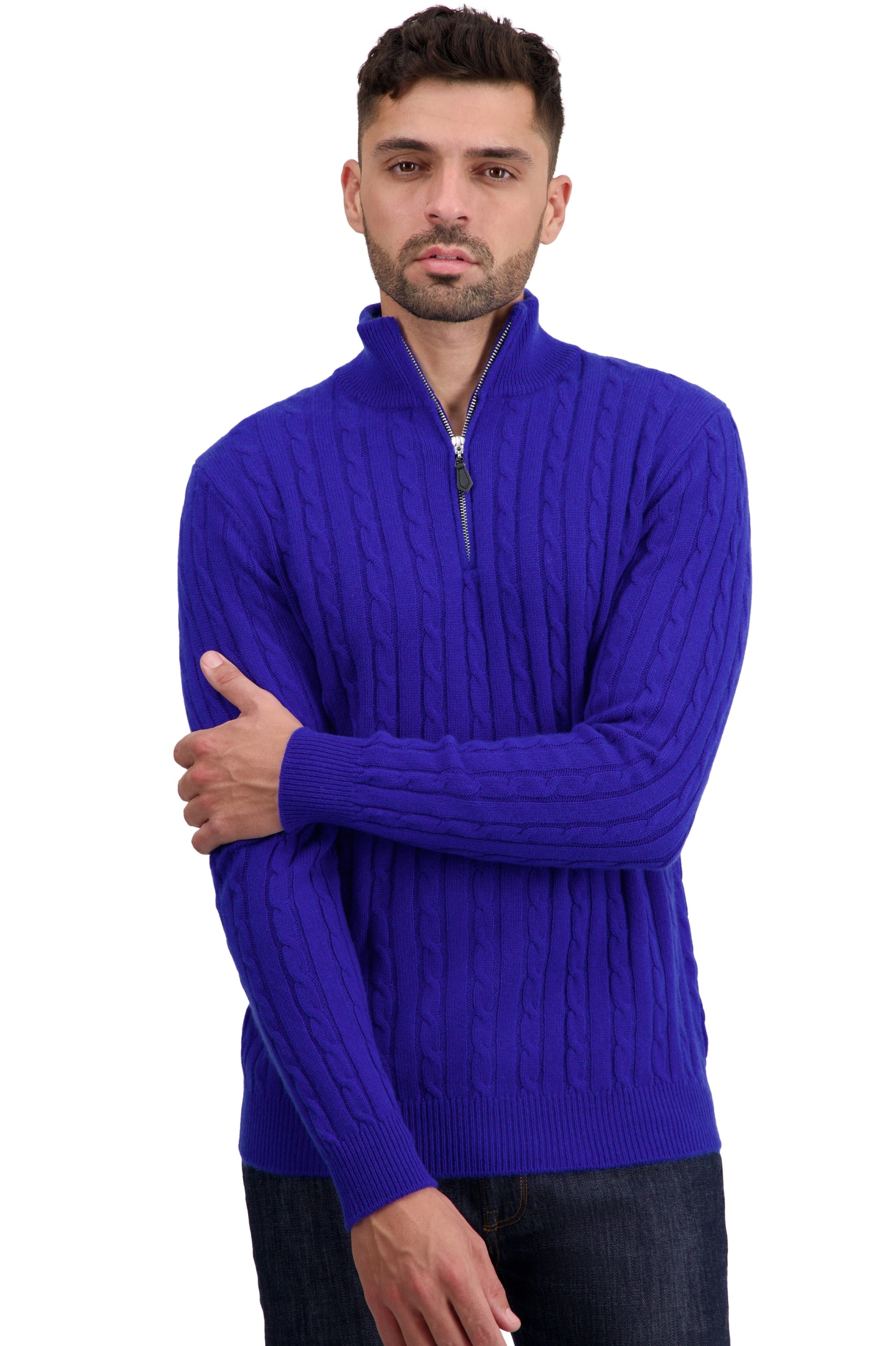 Cashmere jumper, 100% Cashmere, men, trucker collar, zip fastening, straight cut, long sleeves, standard / 2 and 4 ply, cable knit, Mahogany