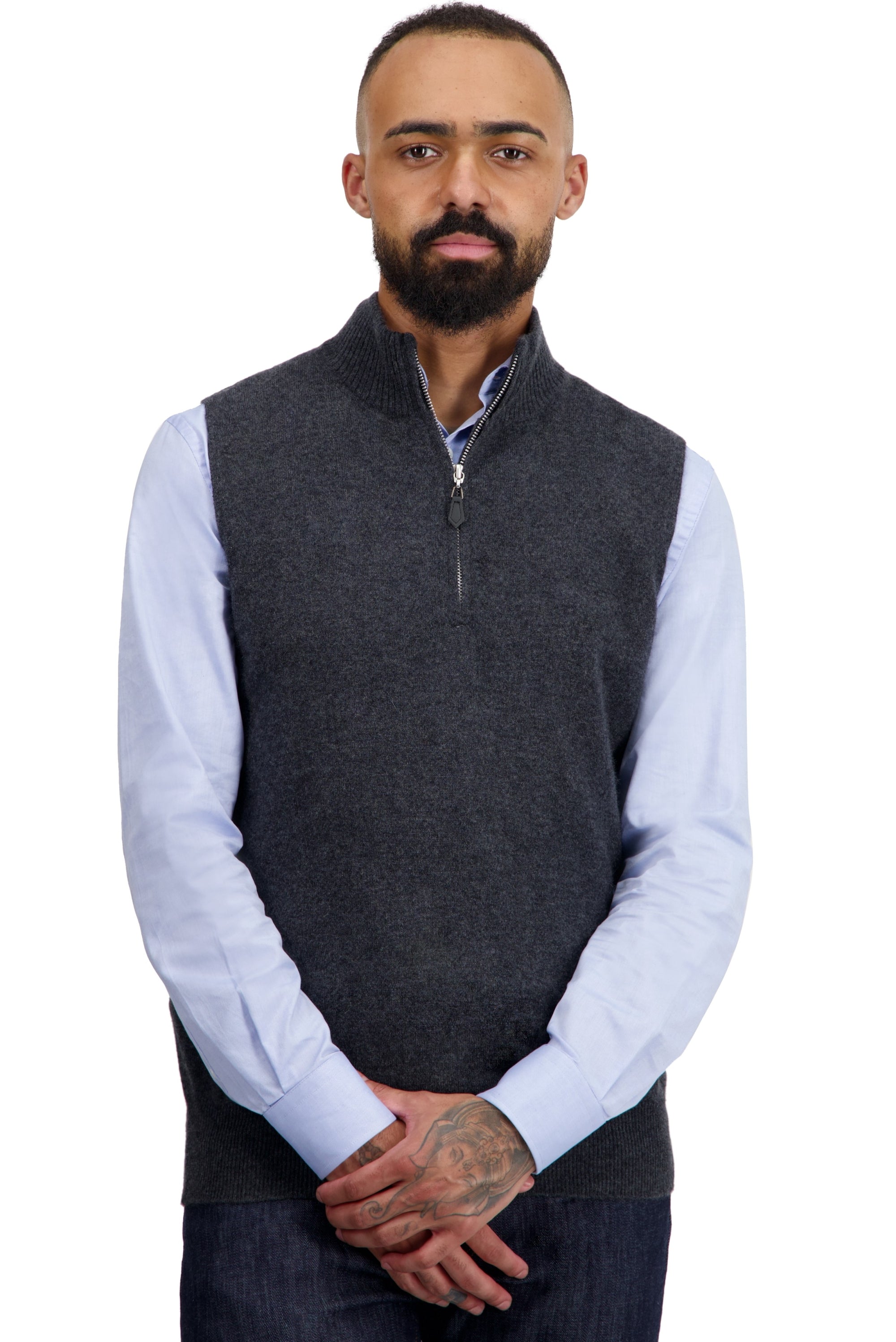 Cashmere jumper, 100% Cashmere, men, trucker collar, zip fastening, straight cut, sleeveless, standard / 2 and 4 ply, plain knit, Mahogany