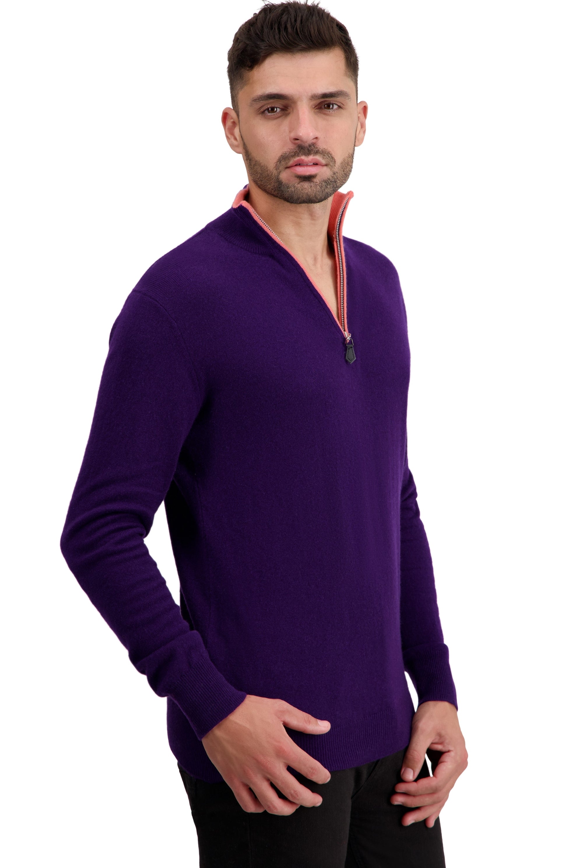 Cashmere jumper, 100% Cashmere, men, trucker collar, zip fastening, straight fit, long sleeves, regular / 2 and 4 ply, standard knit, Mahogany