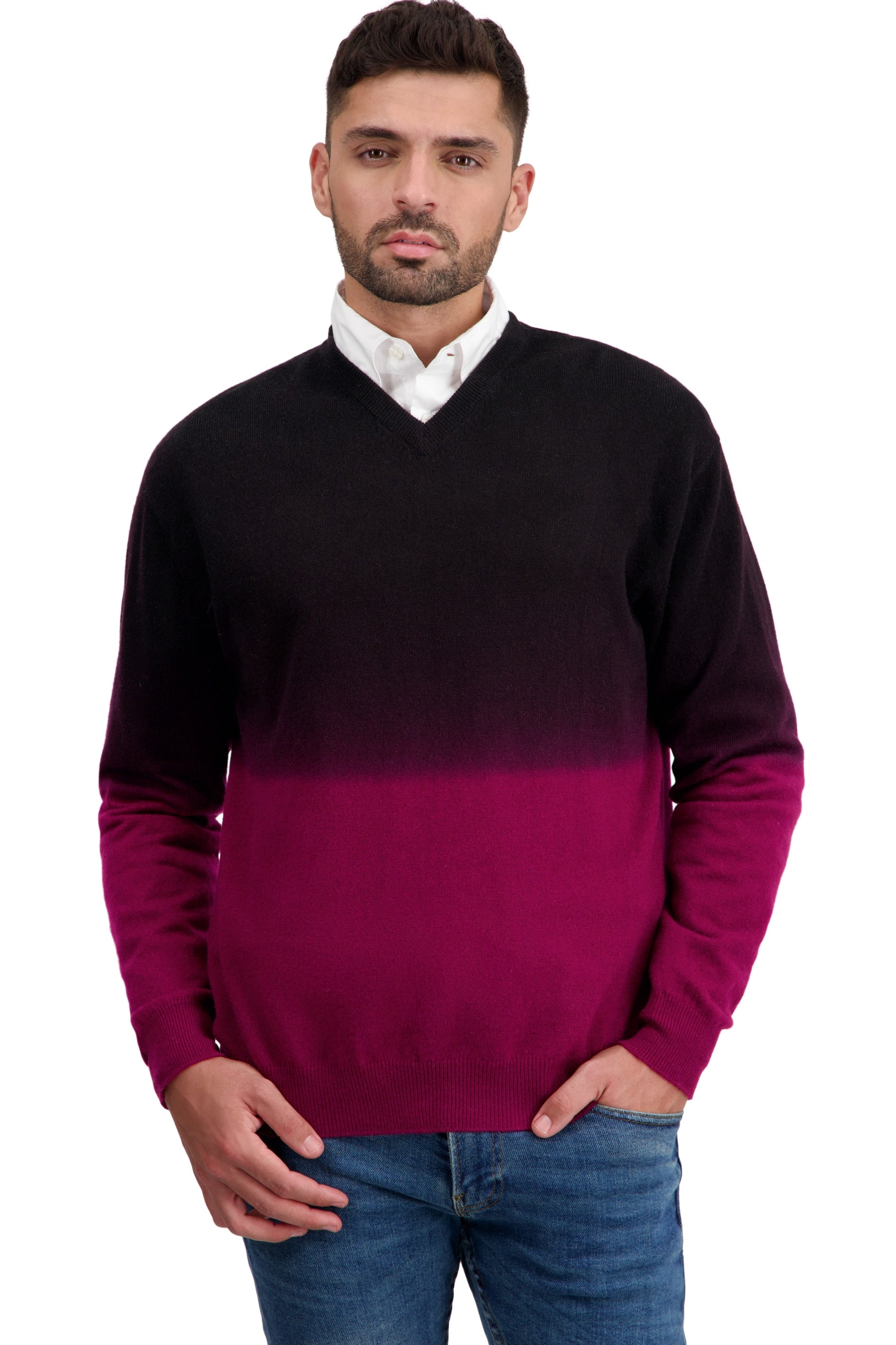 Cashmere jumper, 100% Cashmere, men, V-neck, relaxed fit, long sleeves, tie and dye, standard / 2 and 4 ply, plain knit, Mahogany
