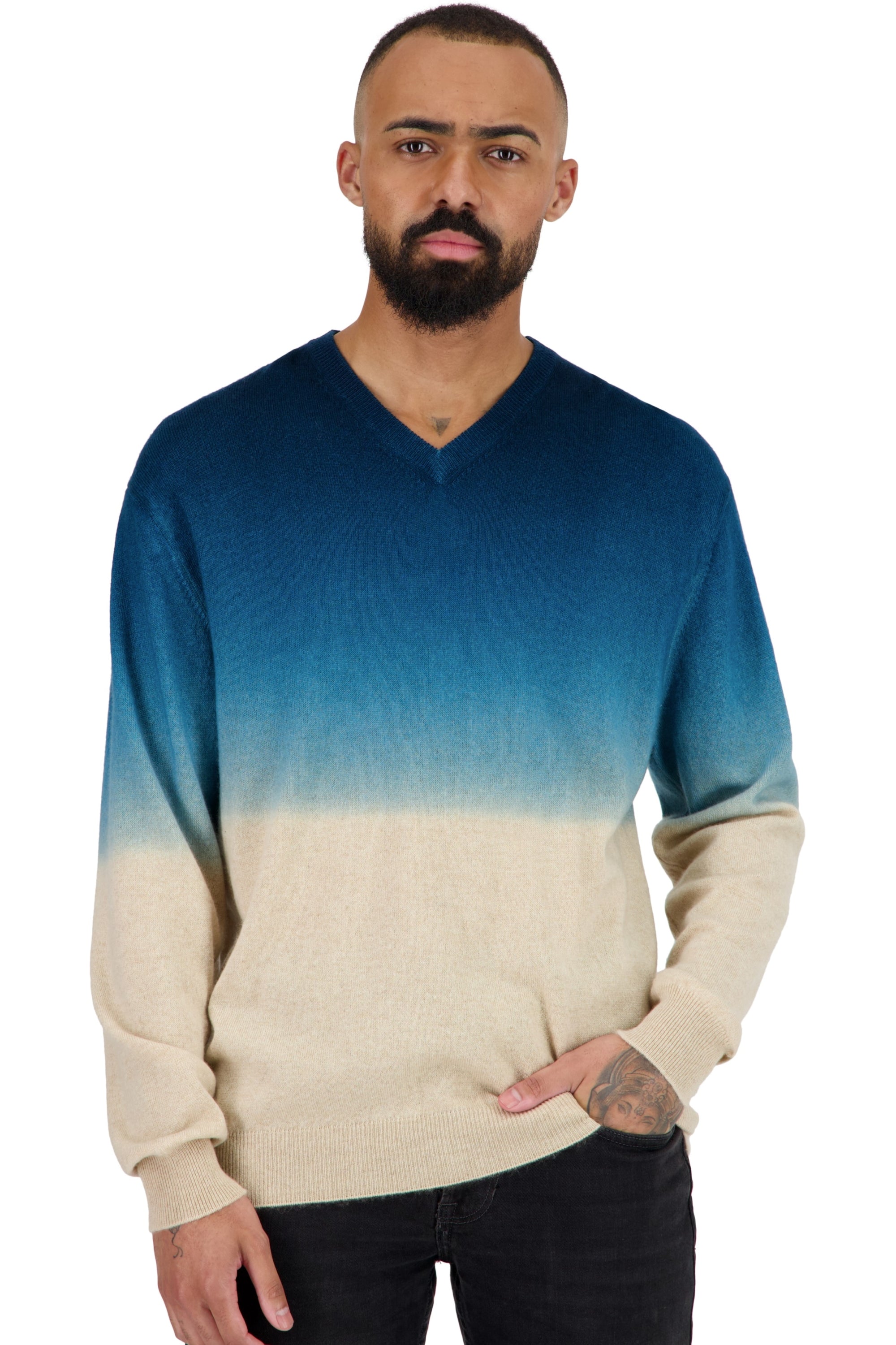 Telaviv men's cashmere - natural beige / teal blue - Mahogany