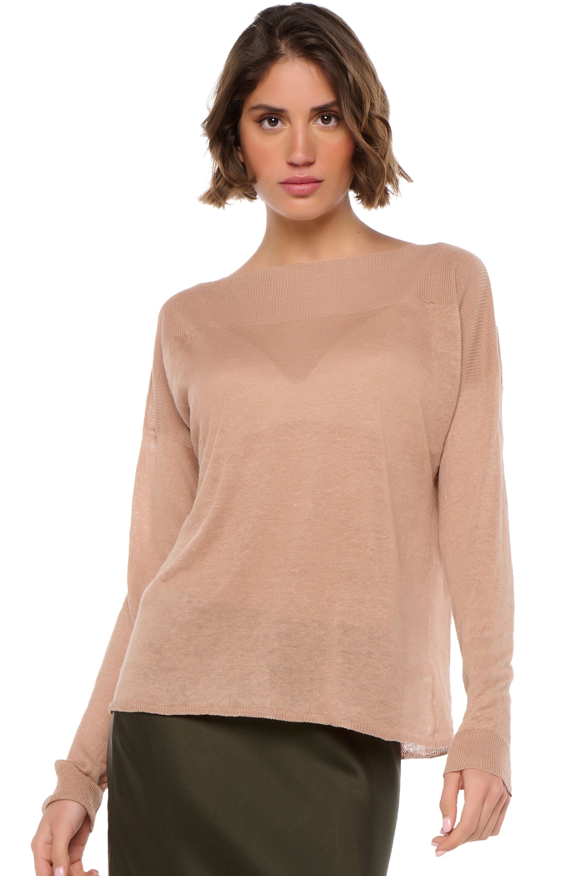 Linen jumper, 100% linen, women's, boat neck, straight cut, long sleeves, regular / 2 and 4 ply, standard knit, Mahogany