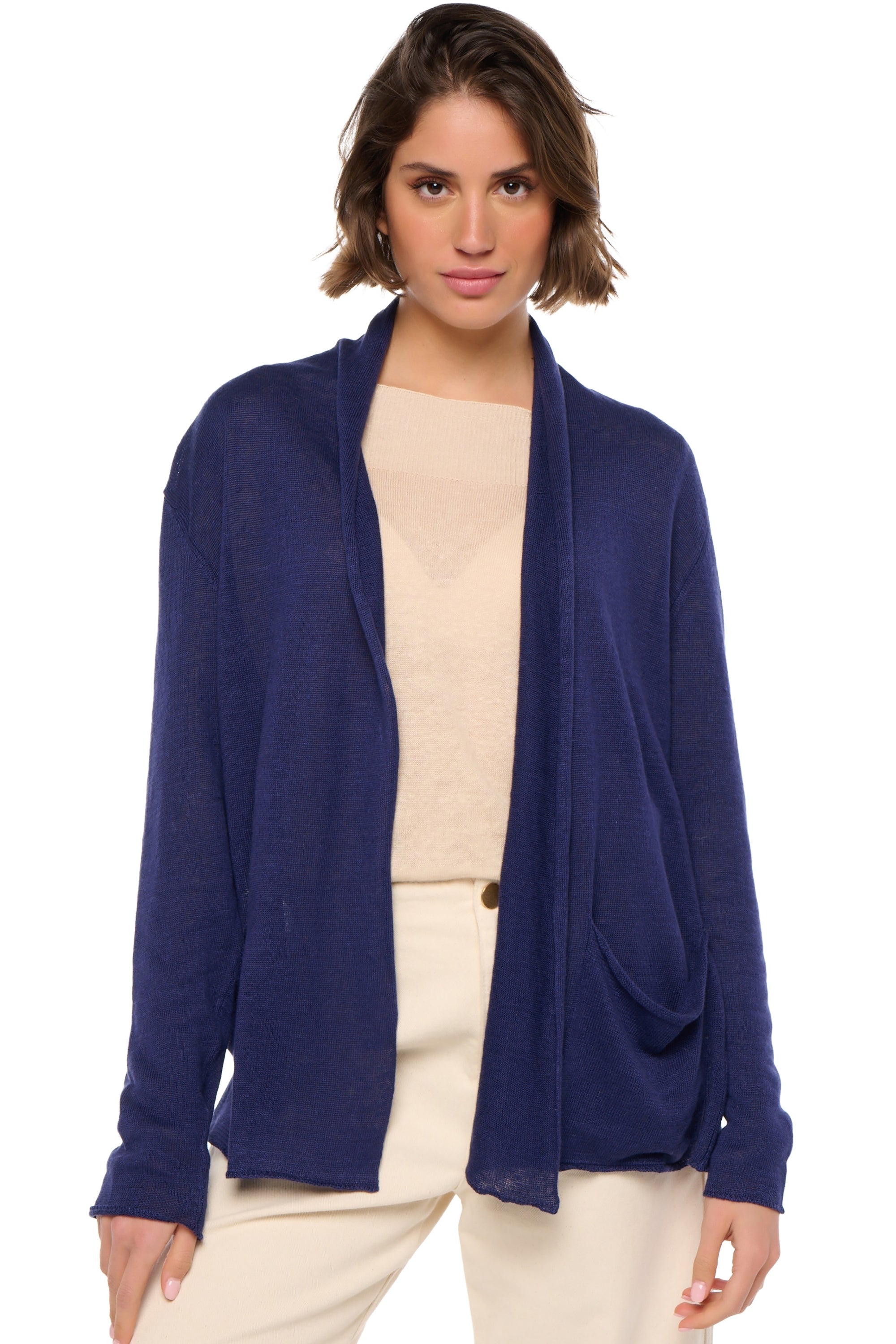 Linen cardigan, 100% linen, women's, collarless, straight cut, long sleeves, regular / 2 and 4 ply, standard knit, Mahogany
