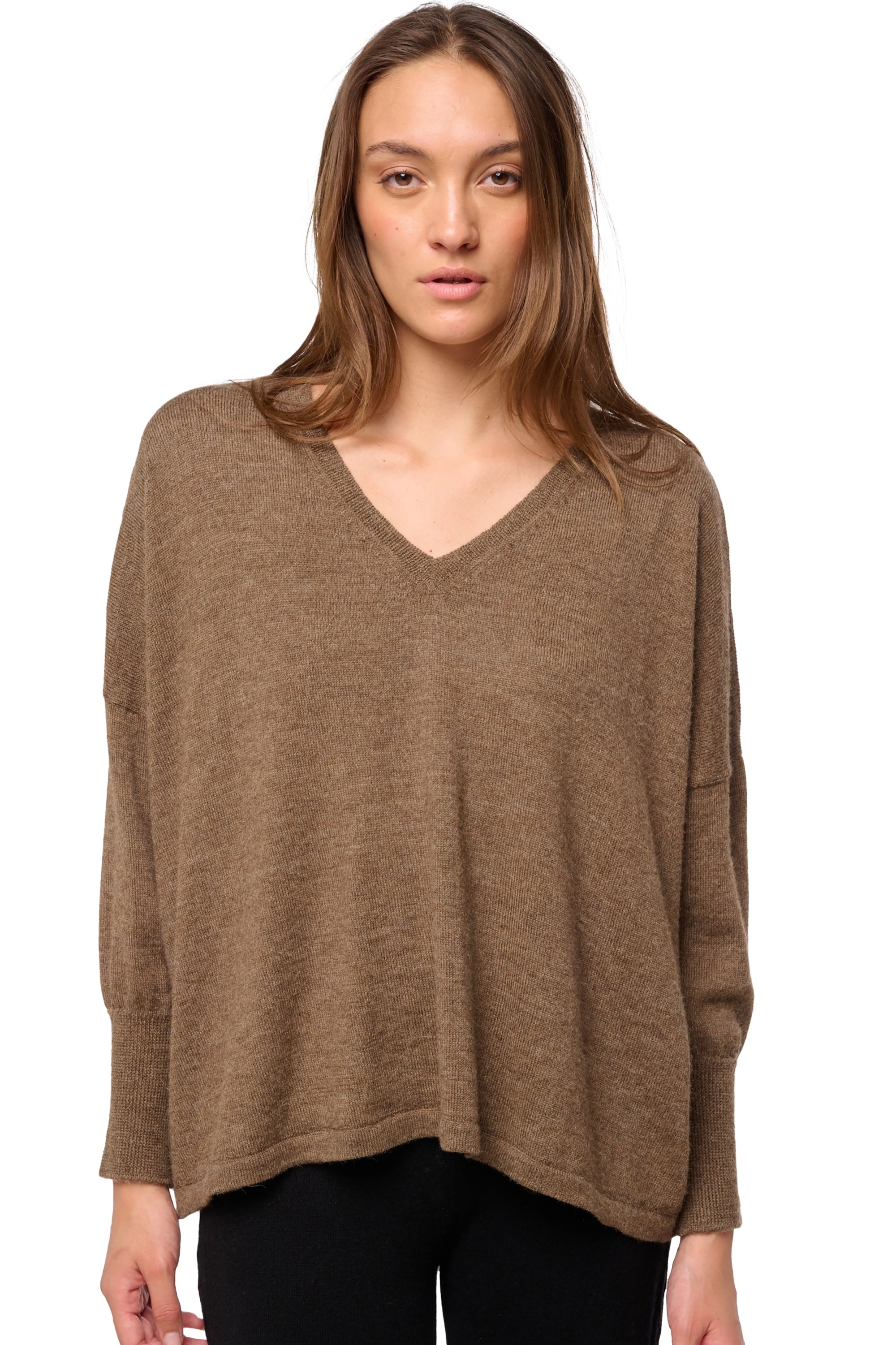 Baby alpaca jumper, 100% Baby Alpaca, women, V-neck, oversized fit, long sleeves, standard / 2 and 4 ply, standard knit, Mahogany