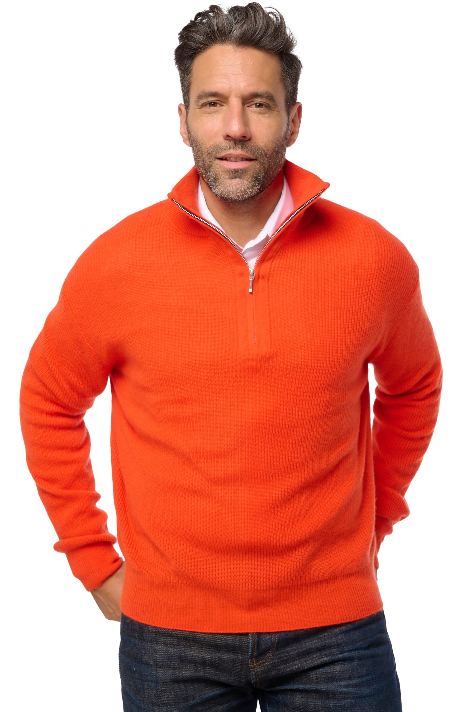 Cashmere jumper, 100% Cashmere, men, trucker collar, zip fastening, straight fit, long sleeves, regular / 2 and 4 ply, standard knit, Mahogany