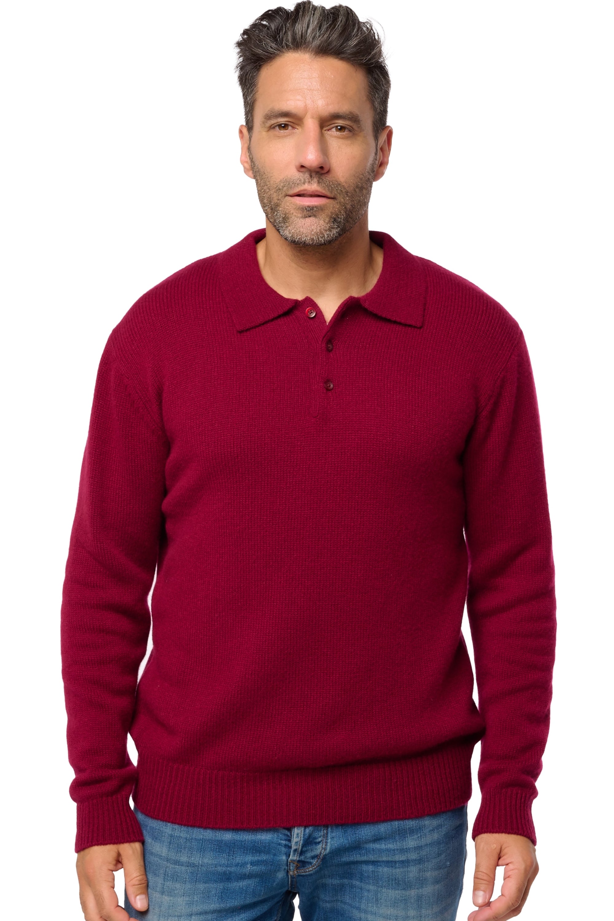 Cashmere polo shirt, 100% Cashmere, men, polo collar, button fastening, straight cut, long sleeves, chunky / 6 ply and more, standard knit, Mahogany