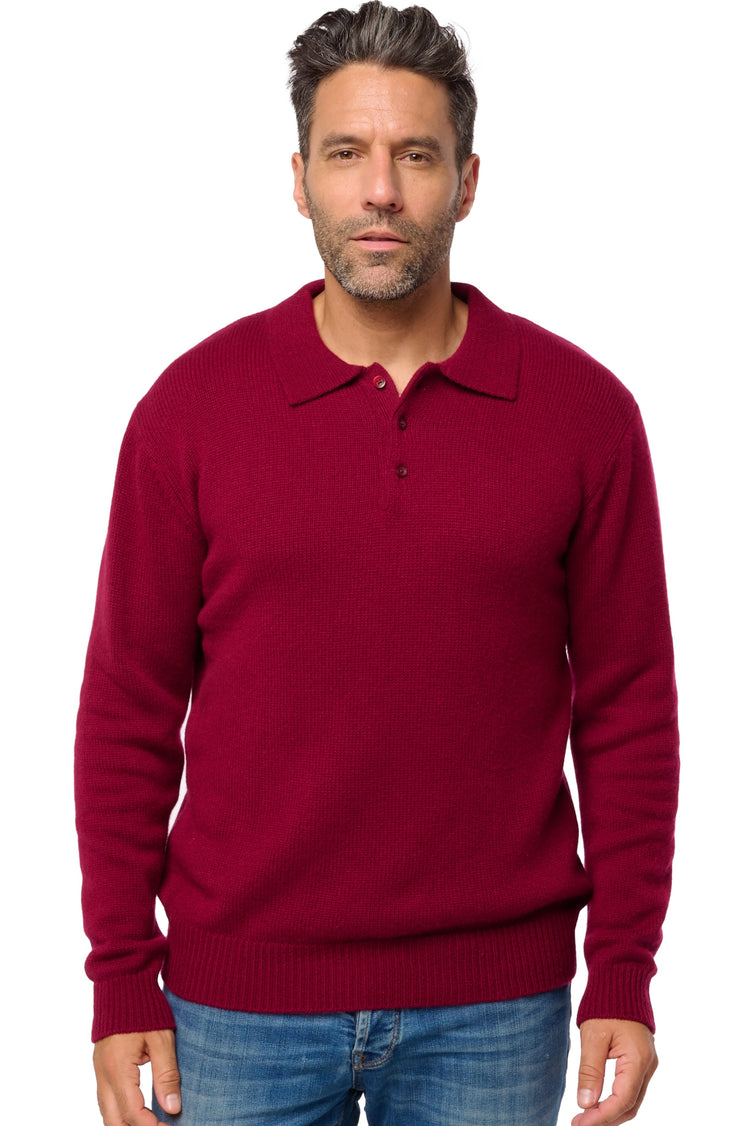 Cashmere polo shirt, 100% Cashmere, men, polo collar, button fastening, straight cut, long sleeves, chunky / 6 ply and more, standard knit, Mahogany