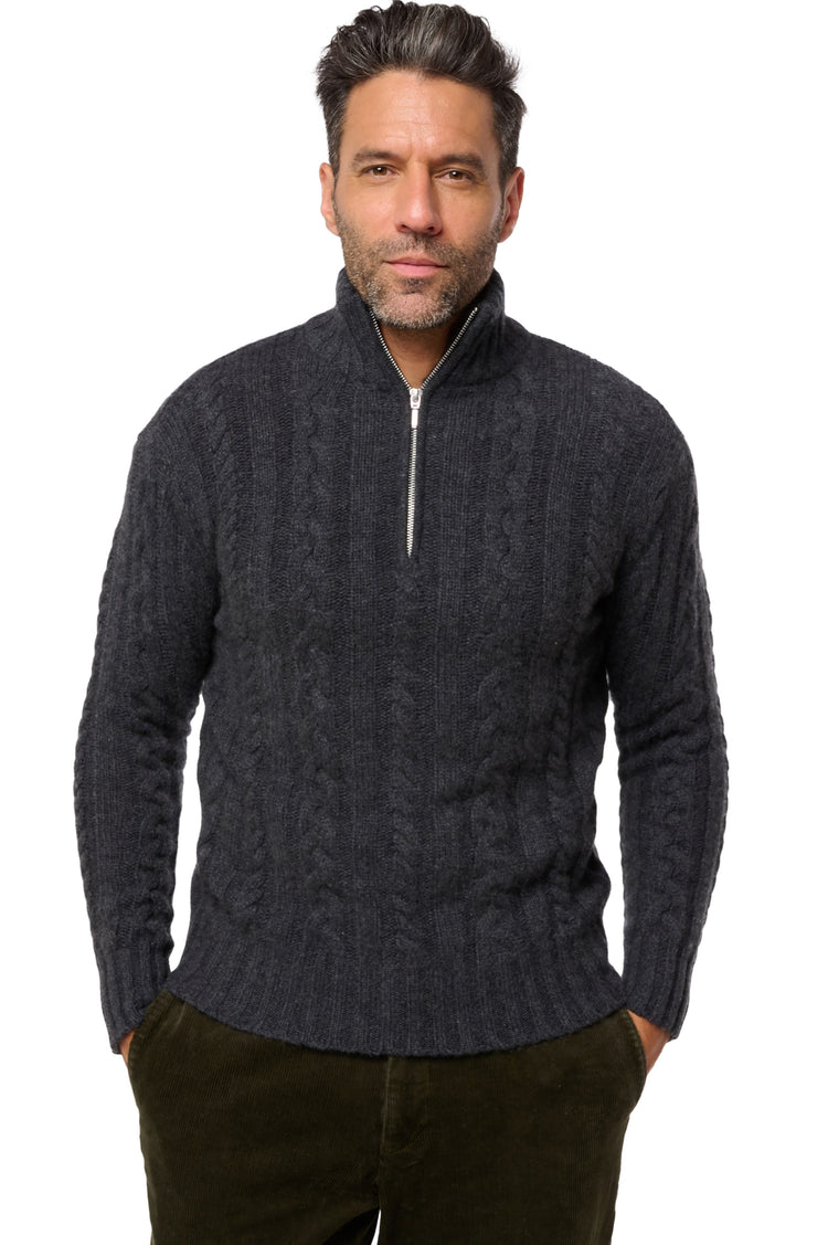 Cashmere jumper, 100% Cashmere, men, trucker collar, zip fastening, straight cut, long sleeves, chunky / 6 ply and more, cable knit, Mahogany