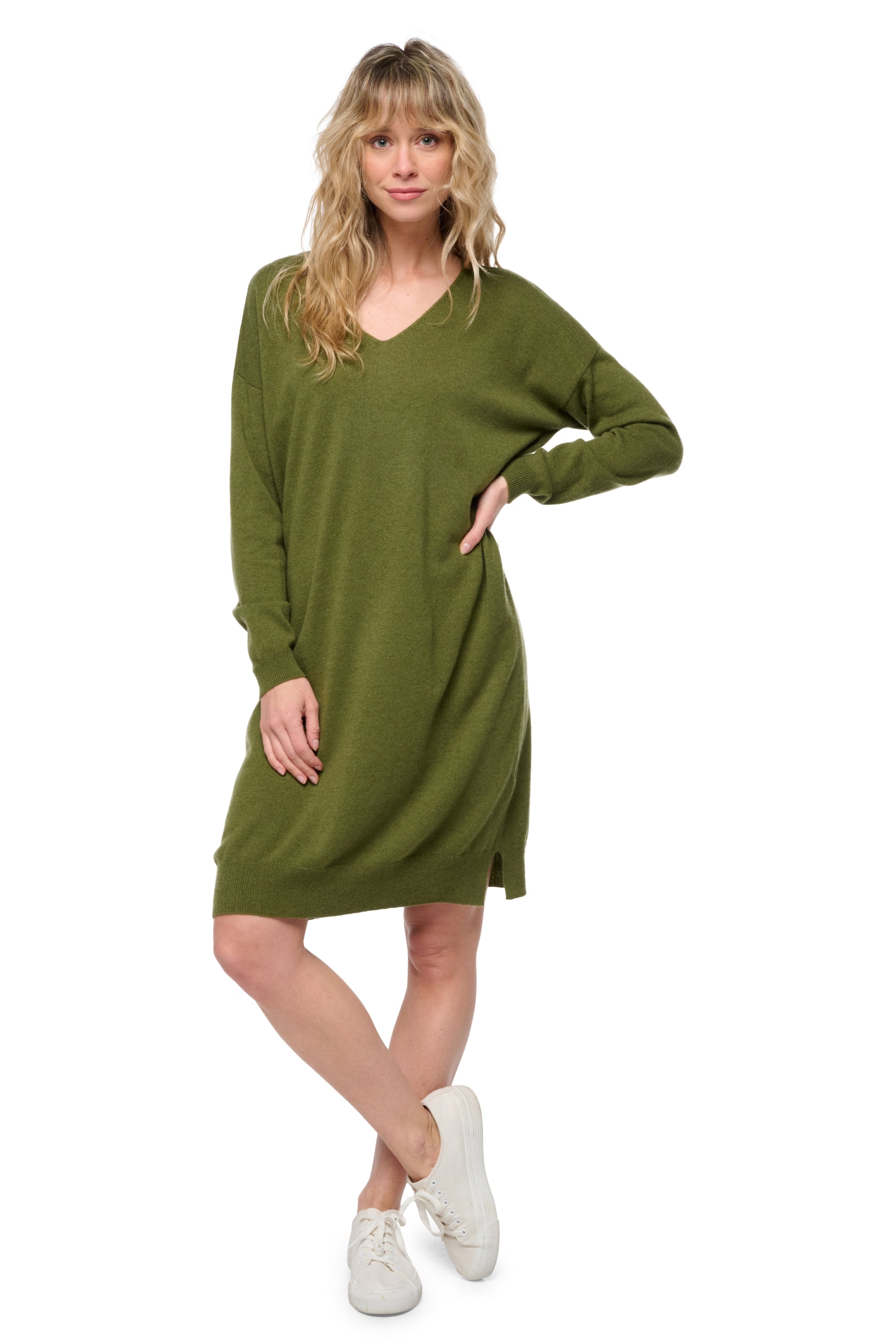 Cashmere dress, 100% Cashmere, women, V-neck, long sleeves, fine, Mahogany