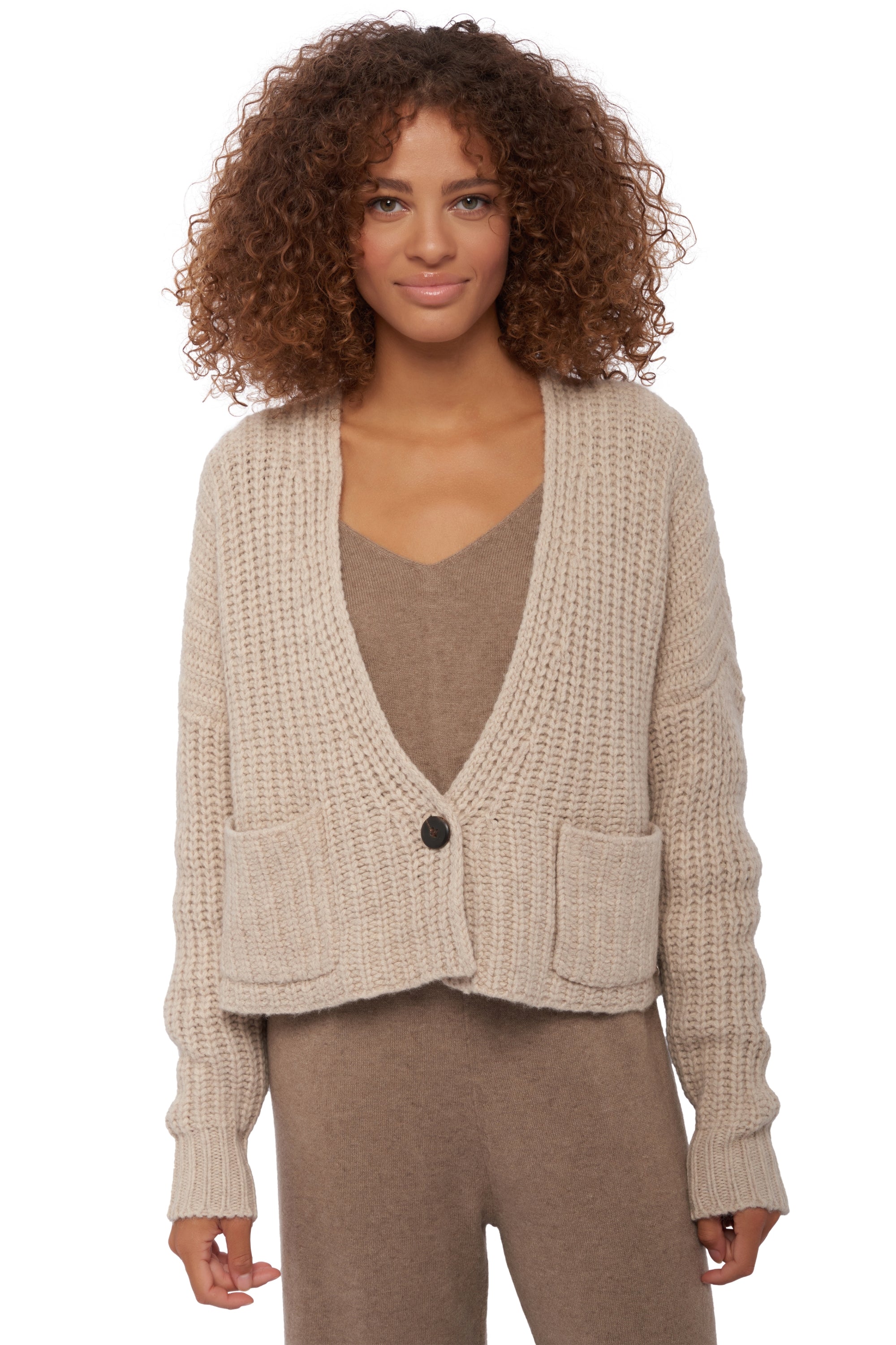 Yak cardigan, 100% yak, women, V-neck, button fastening, oversized fit, long sleeves, chunky / 6 plies and more, , Mahogany