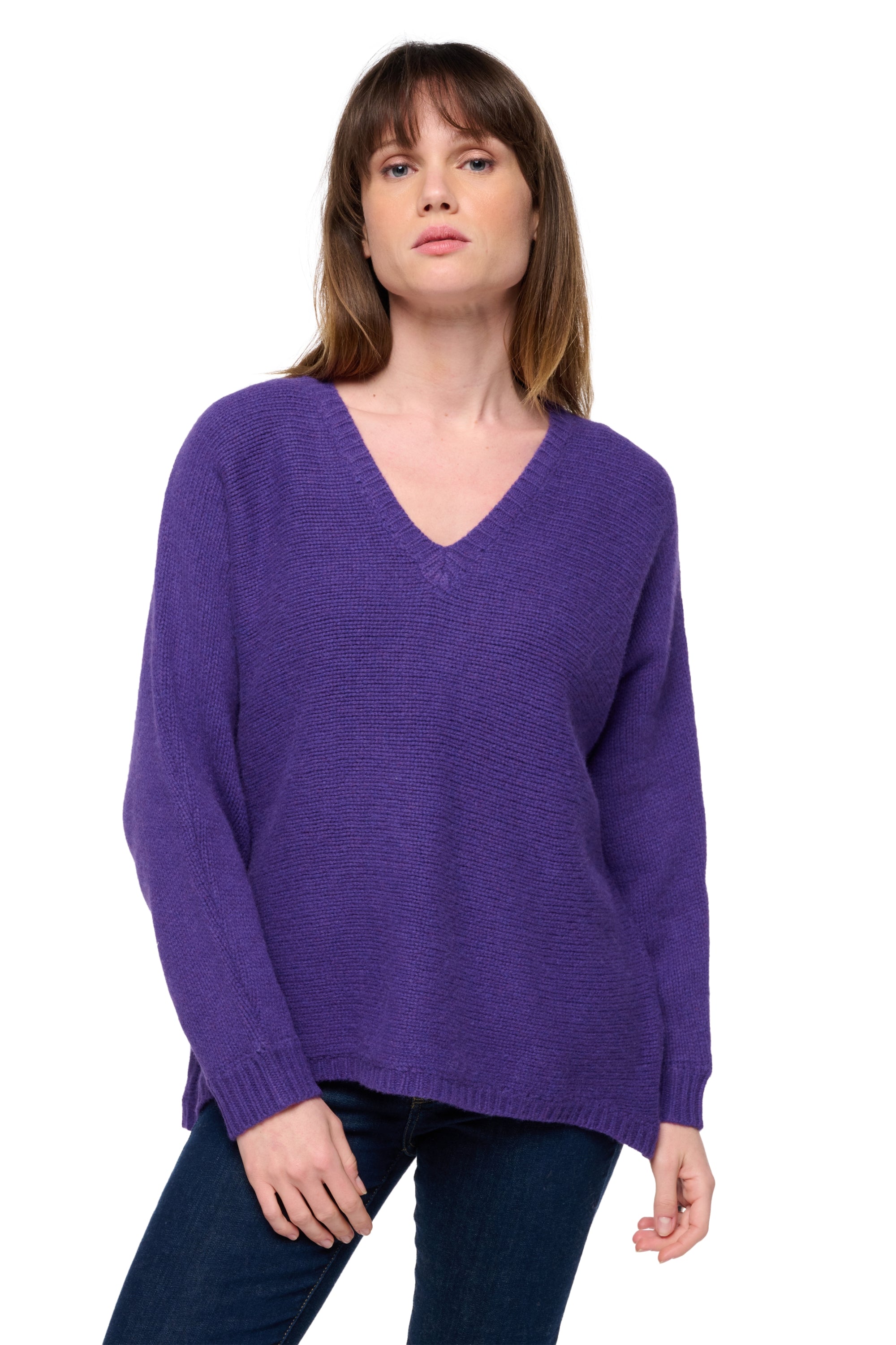Yak jumper, 100% Yak, women, V-neck, oversize cut, long sleeves, chunky / 6 plies and more, , Mahogany