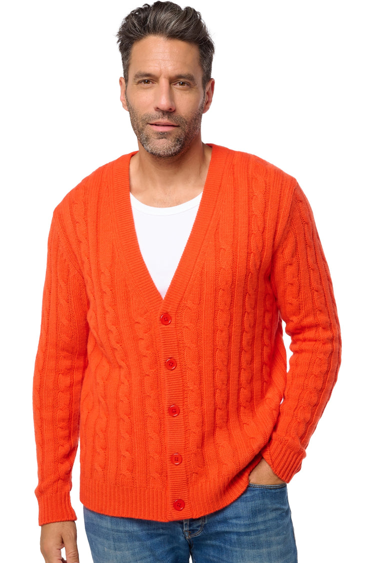 Cashmere cardigan, 100% Cashmere, men, V-neck, button fastening, straight cut, long sleeves, chunky / 6 ply and more, cable knit, Mahogany