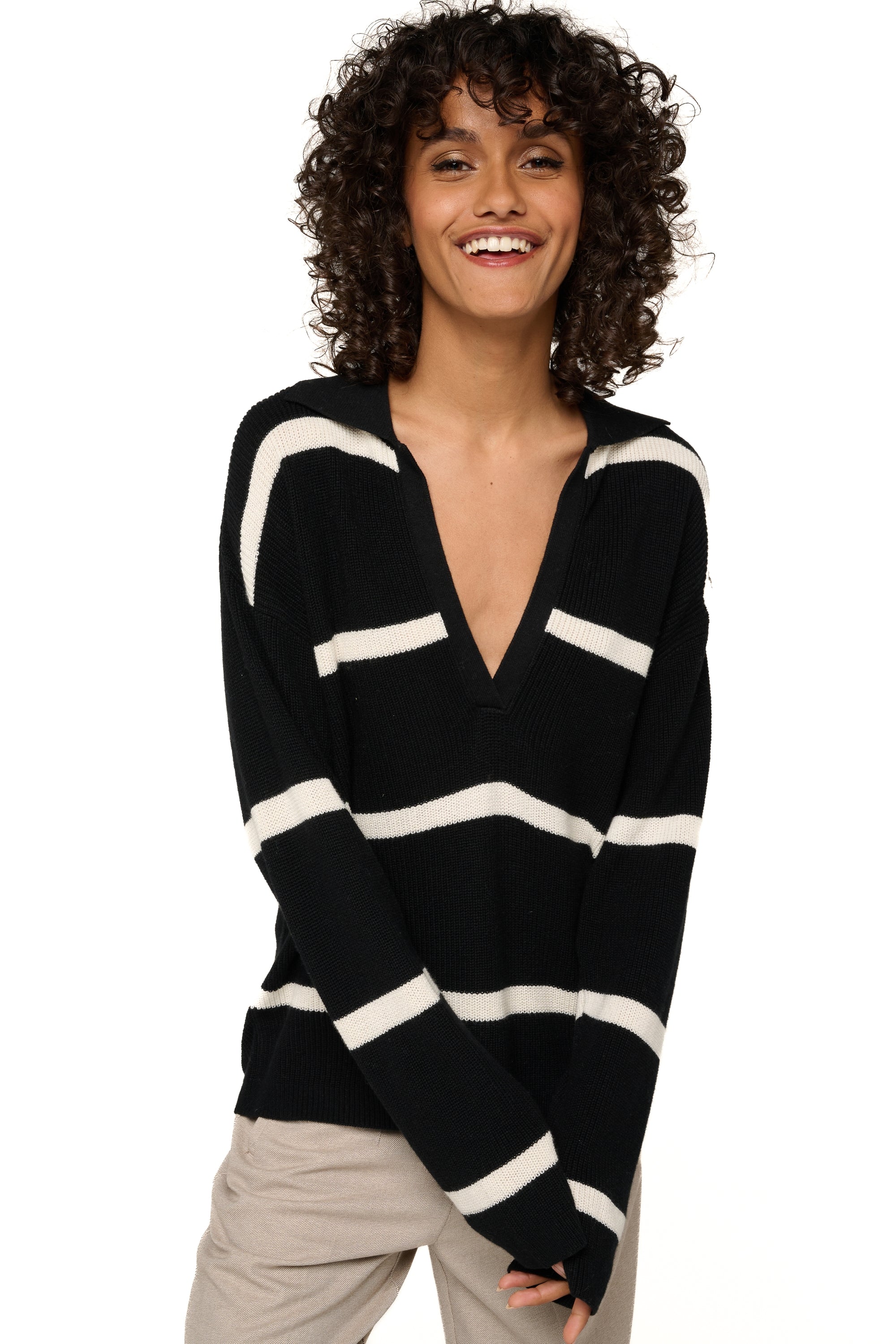 Cashmere and cotton polo, 85% Cotton / 15% Cashmere, women, V-neck, straight fit, long sleeves, stripes, fine, , Mahogany