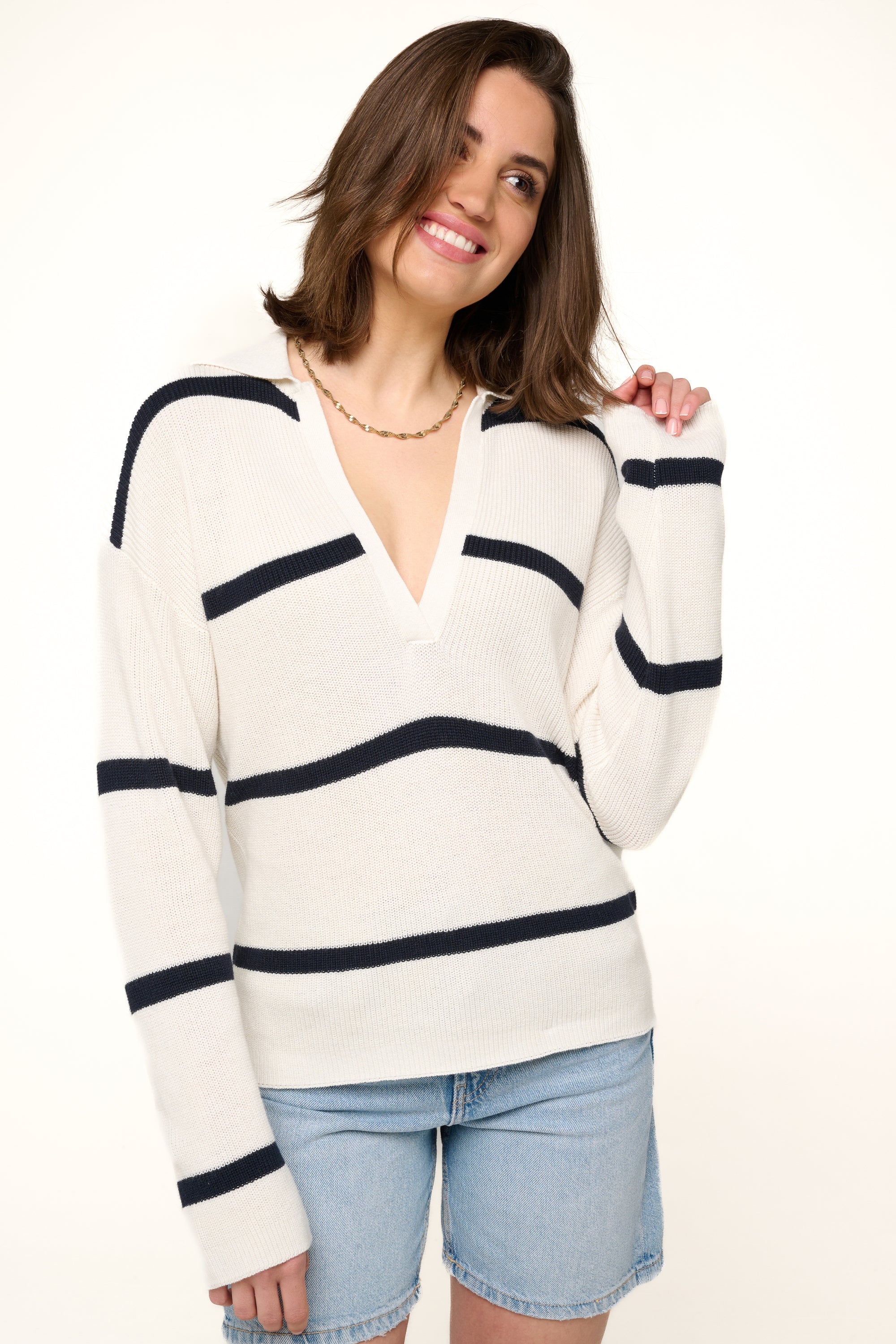 Rhea cashmere and cotton women's jumper - ivory / navy - Mahogany