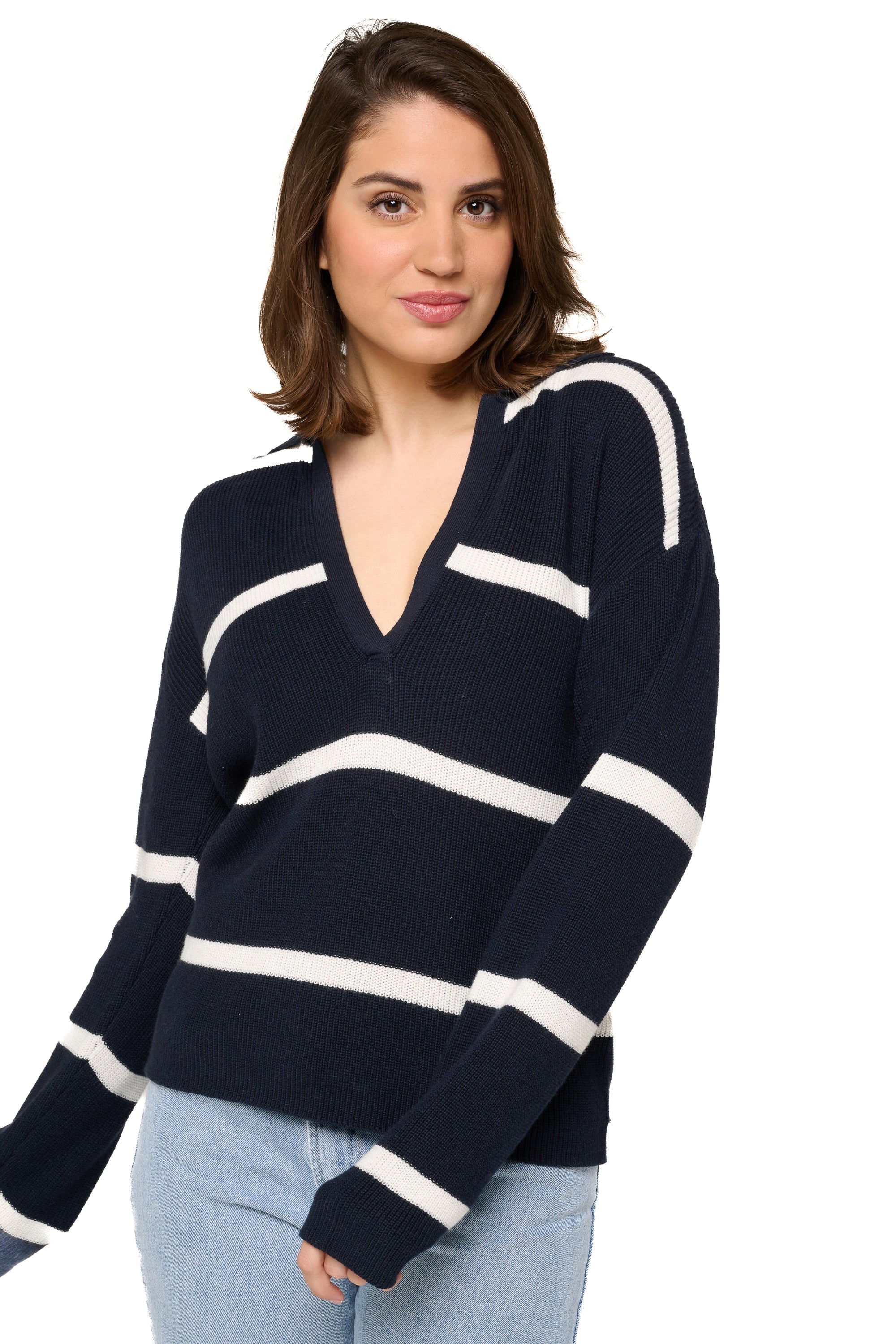 Rhea cashmere and cotton women's jumper - navy / ivory - Mahogany