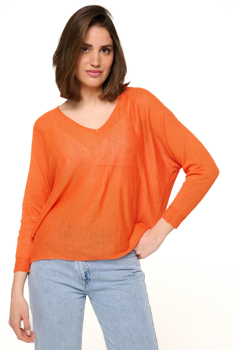 Linen jumper, 100% Linen, women, V-neck, straight cut, long sleeves, fine, Mahogany