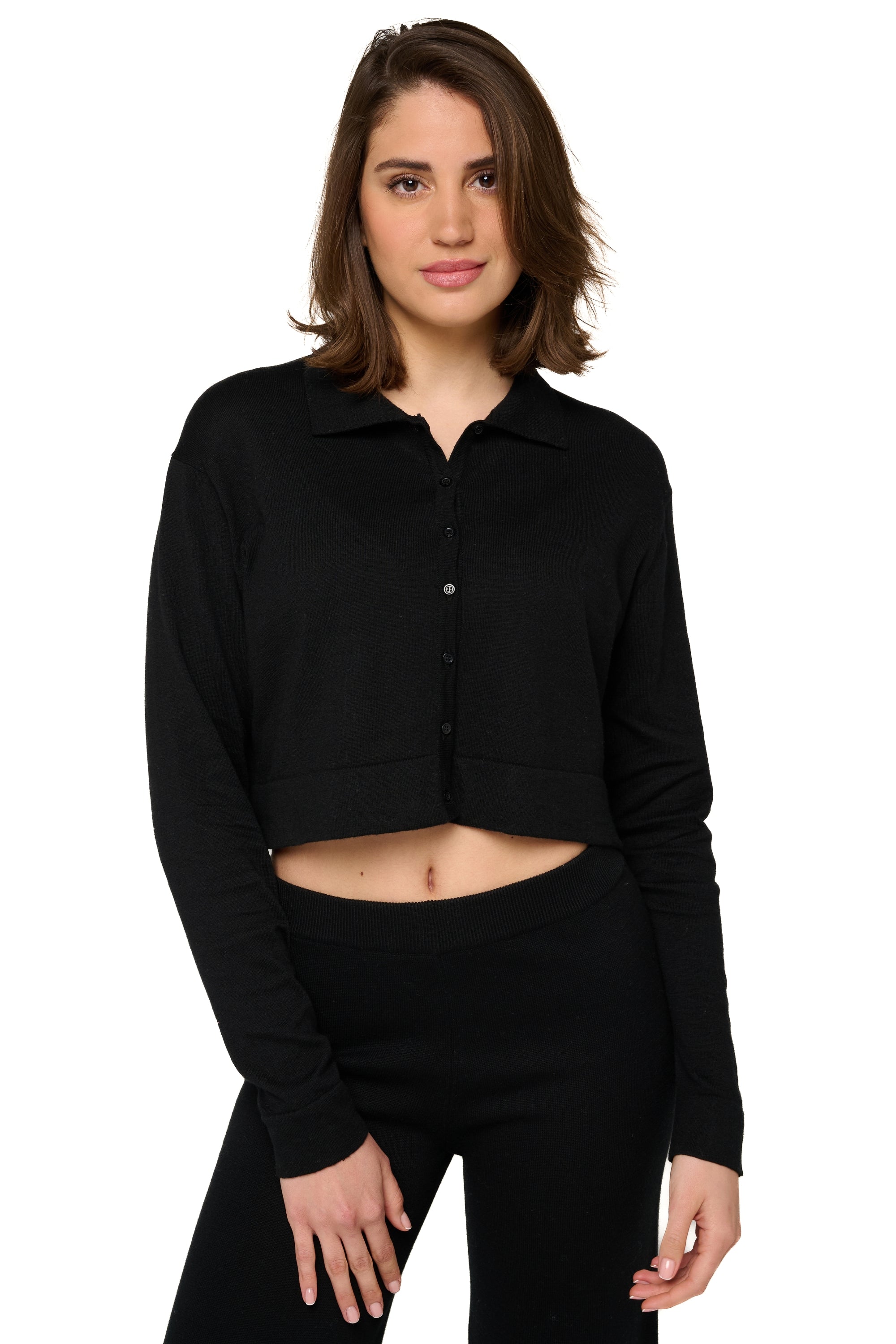 Cashmere and cotton jumper, 85% cotton / 15% cashmere, women, collar, button fastening, long sleeves, fine knit, , Mahogany