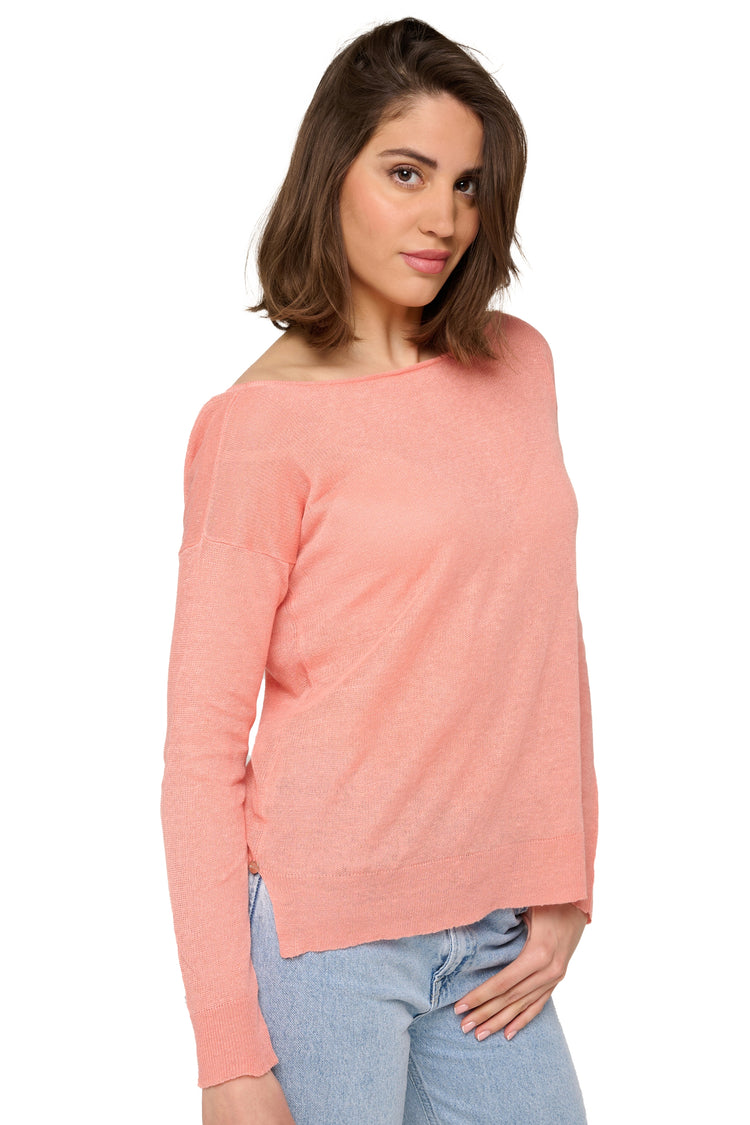 Linen jumper, 100% Linen, women, boat neck, straight fit, long sleeves, fine knit, Mahogany