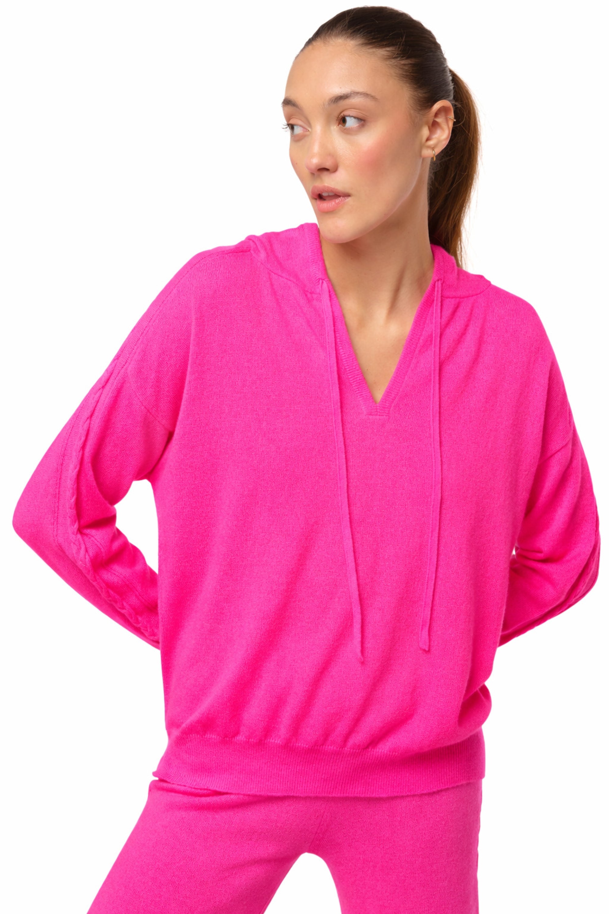 Cashmere sweatshirt, 100% Cashmere, women, V-neck, straight cut, long sleeves, standard / 2 and 4 ply, cable knit, Mahogany