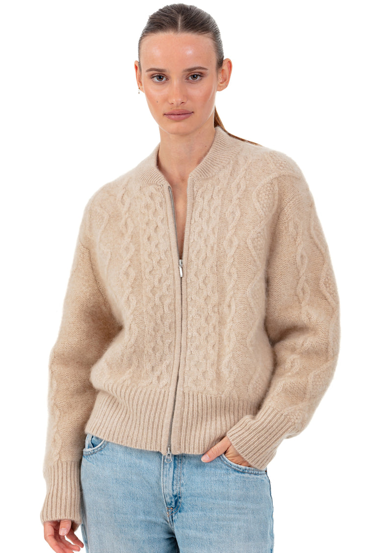 Cocoon cashmere jacket, 100% brushed cashmere, women, round neck, zip fastening, oversized cut, long sleeves, chunky / 6 plies and more, cable knit, Mahogany