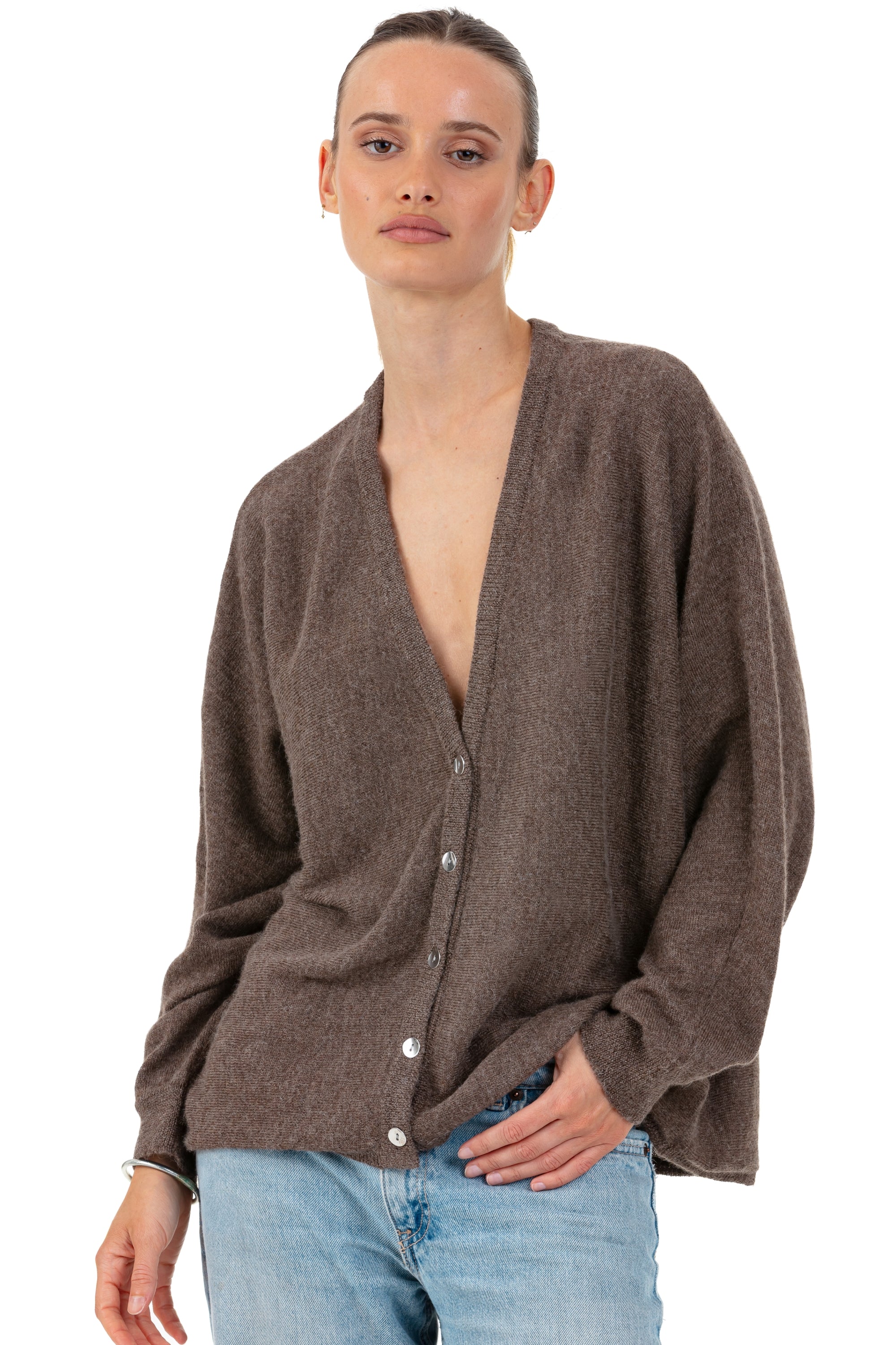 Baby alpaca cardigan, 100% Baby Alpaca, women, v-neck, button fastening, oversize fit, long sleeves, fine, , Mahogany
